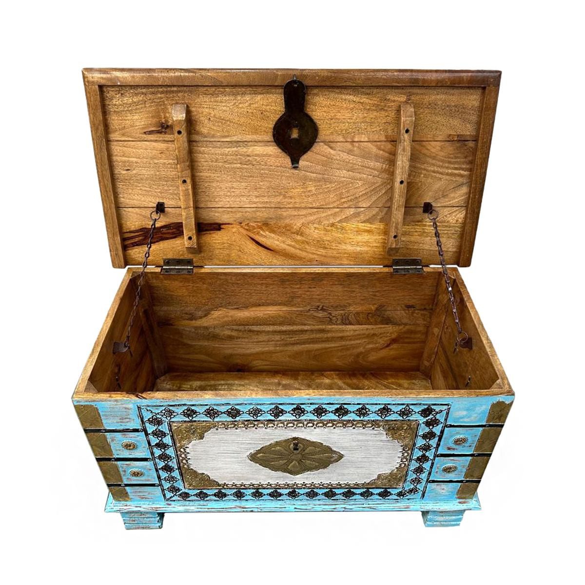 Oriental Galerie Truhe Indische Truhe Türkis 80cm (1 St), Beistelltisch, Holztruhe, Antik, Wäschetruhe, Möbeltruhe, Holzkiste