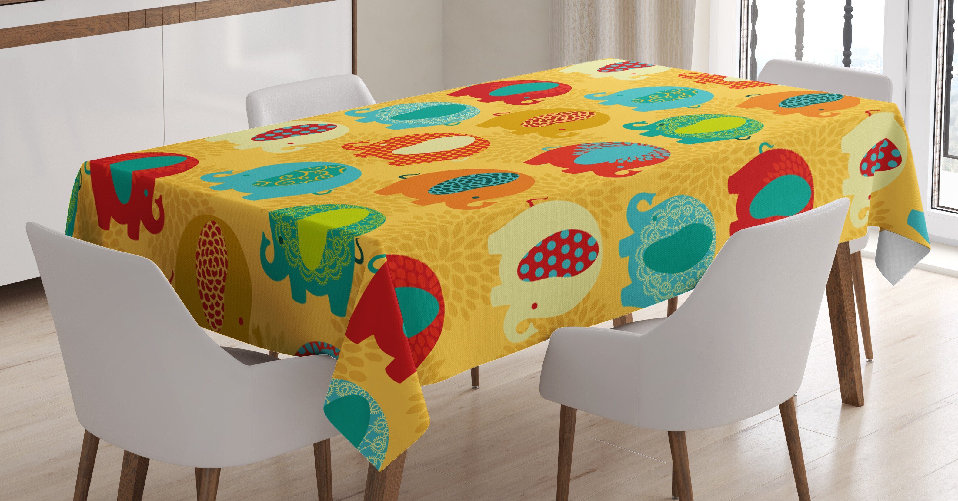 Abakuhaus Tischdecke Farbfest Waschbar Für den Außen Bereich geeignet Klare Farben, Urwald Elefanten Ornamente