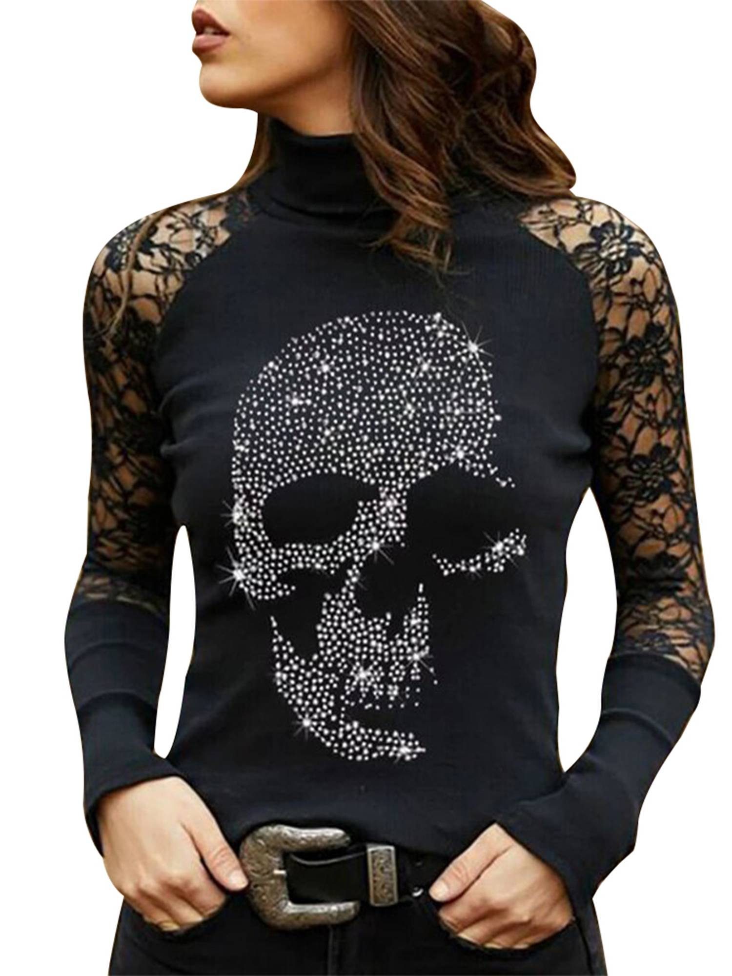 PYL Longsleeve Damen Langarm Halloween Spitzen mit Totenkopf Strass  Rollkragenshirt 36-44er Größe