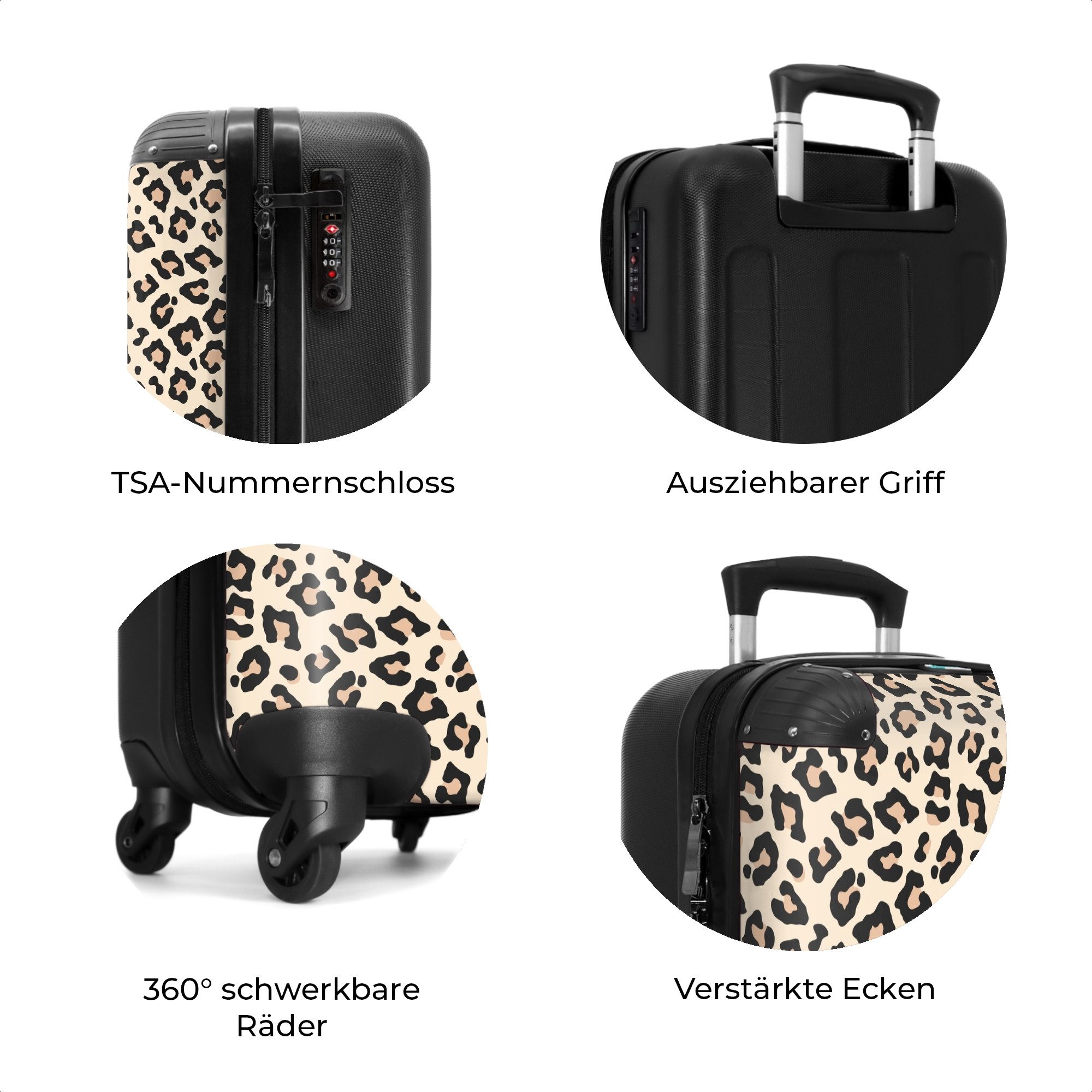 NoBoringSuitcases.com© Hartschalen-Trolley Beigefarbenes Leopardenfleckenmuster 55x35x20cm, 4 Rollen, Reisetasche mit Rollen, Koffer Handgepäck Flugzeug