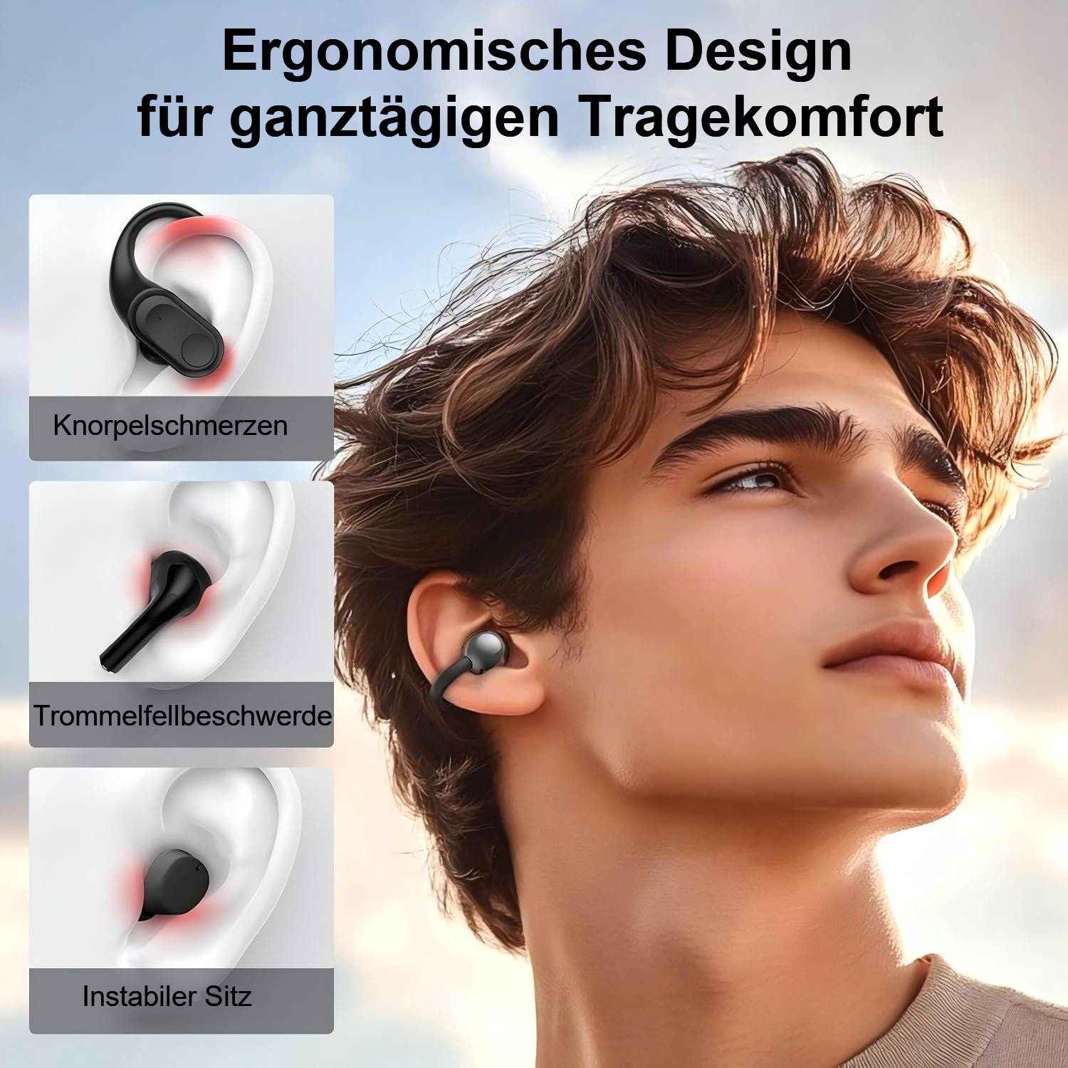 poweradd pro Elegante Bluetooth 5.49 Clip-On Kopfhörer mit LCD-Touchdisplay, Open-Ear-Kopfhörer (für Damen – kabellos mit abnehmbarem Butterfly-Dekor)