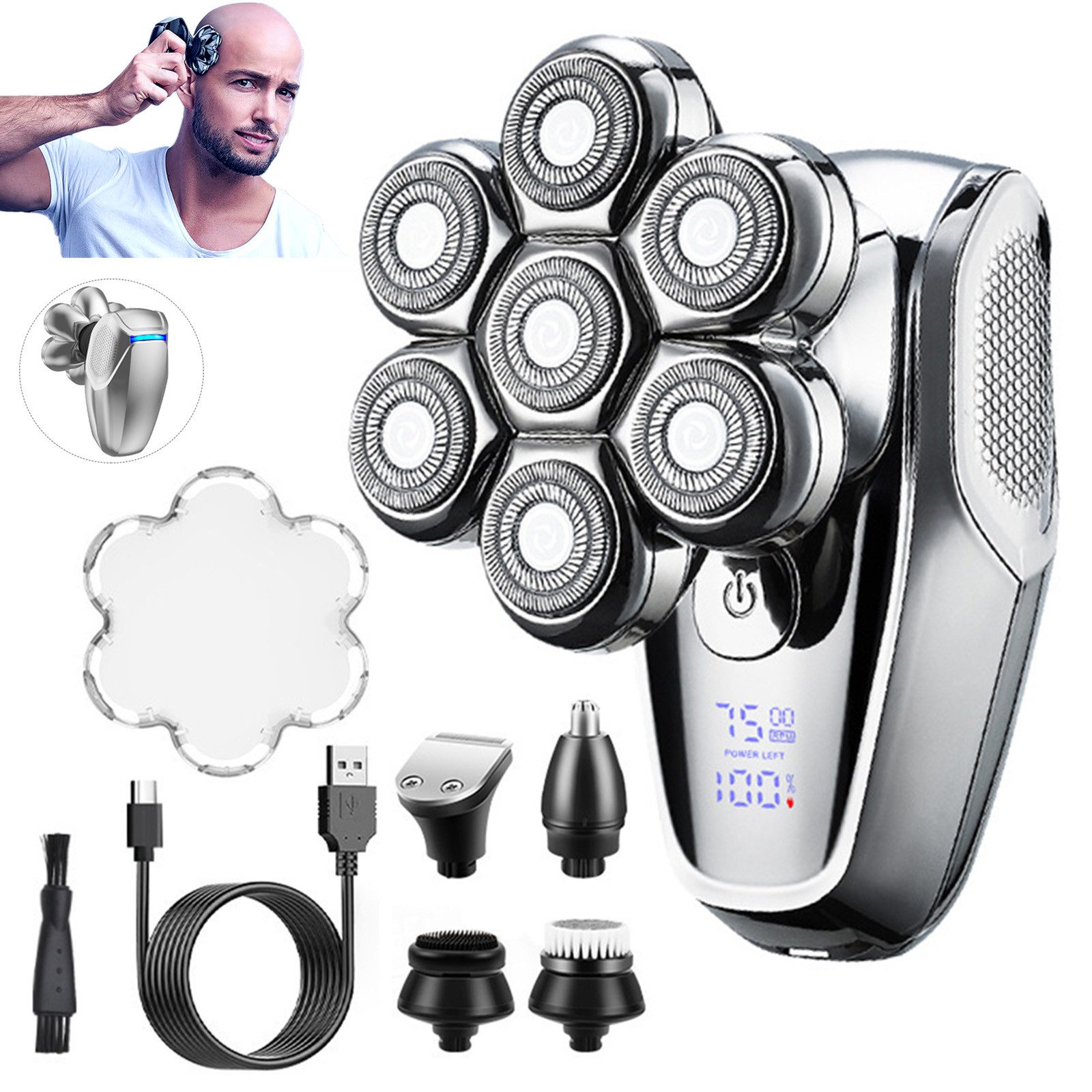 OKWISH Elektrorasierer Rasierer Herren elektrisch Rasierapparat Haartrimmer, All in 1 Haarschneider Rasur Präzisionstrimmer, Mit IPX7 wasserdicht LED-Anzeige USB-C Schnellladung, mit 5 Aufsätzen