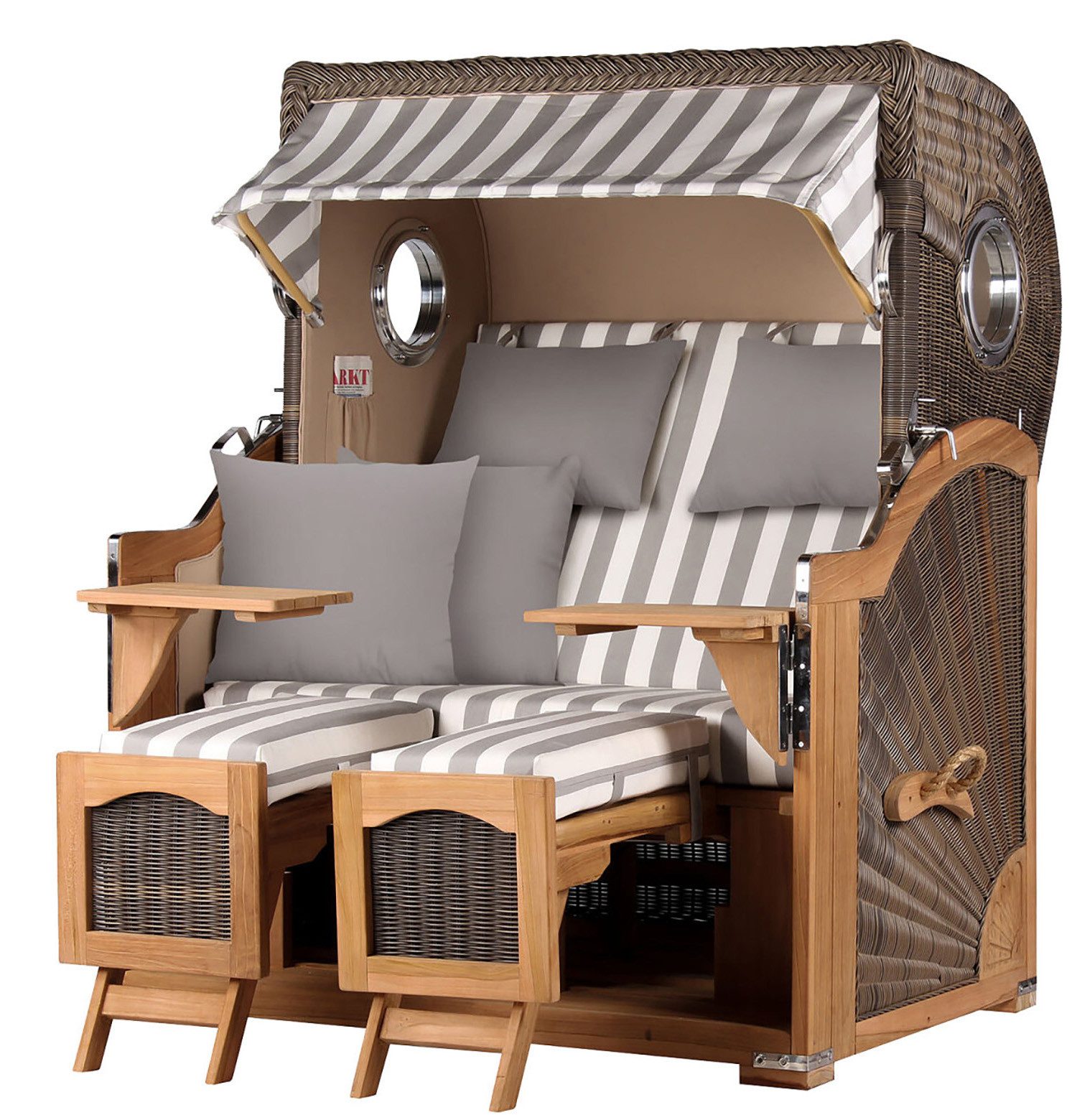 bene living Strandkorb Ammersee Grande XL Teak - PE grau - Modell 513, BxTxH: 142x95x165 cm, Volllieger ca. 175 Grad, Ostsee-Strandkorb Komplettset, inkl. Liftersystem und Bullaugen