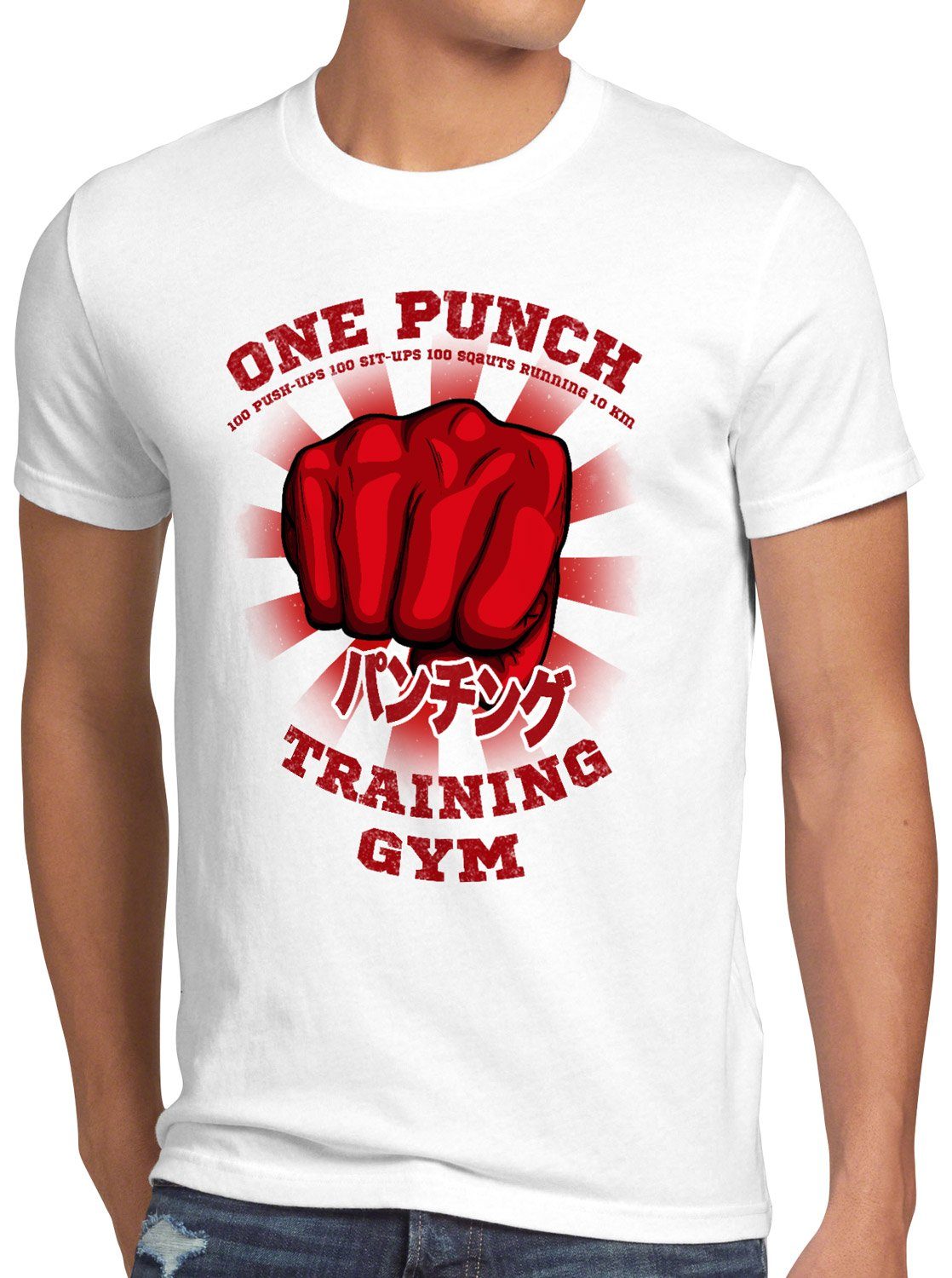 style3 Print-Shirt Herren T-Shirt One Punch Gym saitama anime manga weiß