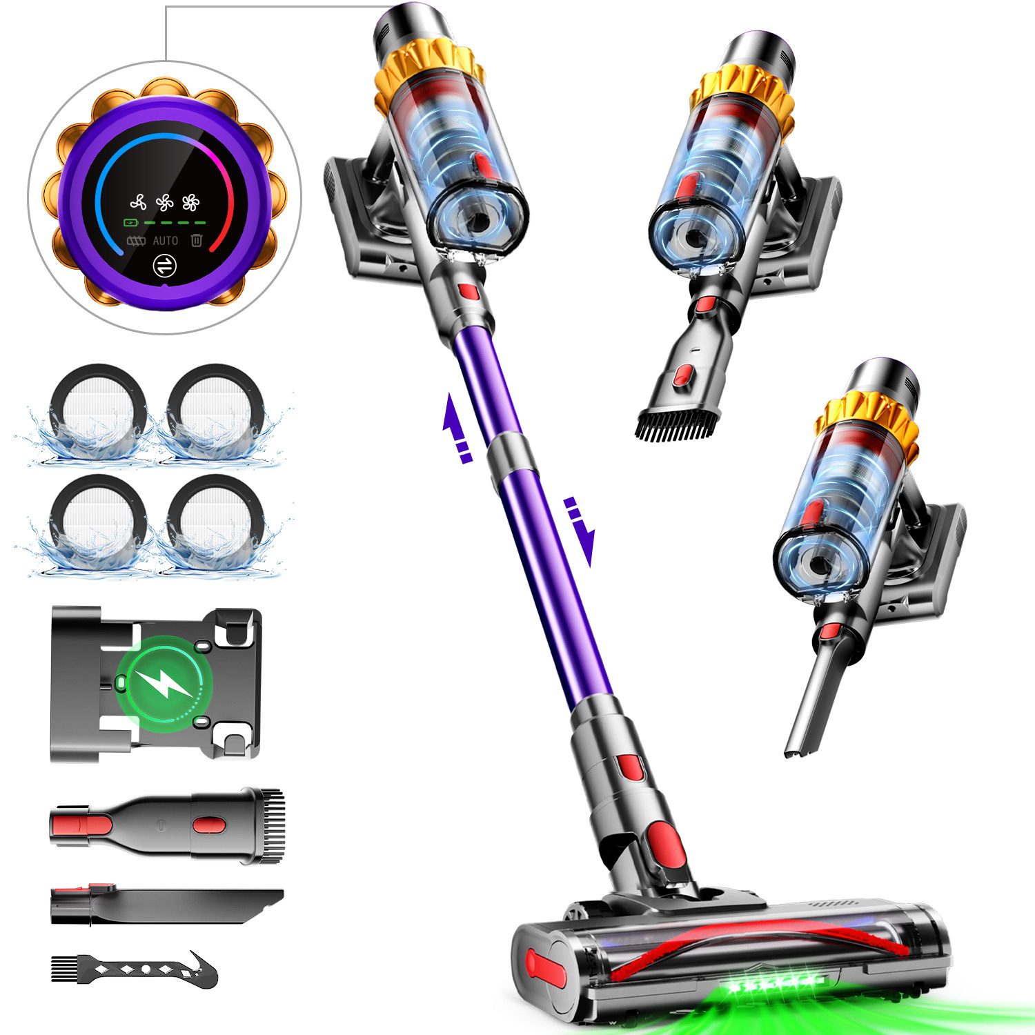 Adormii Akku-Hand-und Stielstaubsauger Akku Staubsauger 80000pa, Staubsauger Kabellos, 70Min/1,8L, beutellos, Smart LED-Display, grünem Licht, für Teppich, Hartböden, Tierhaare