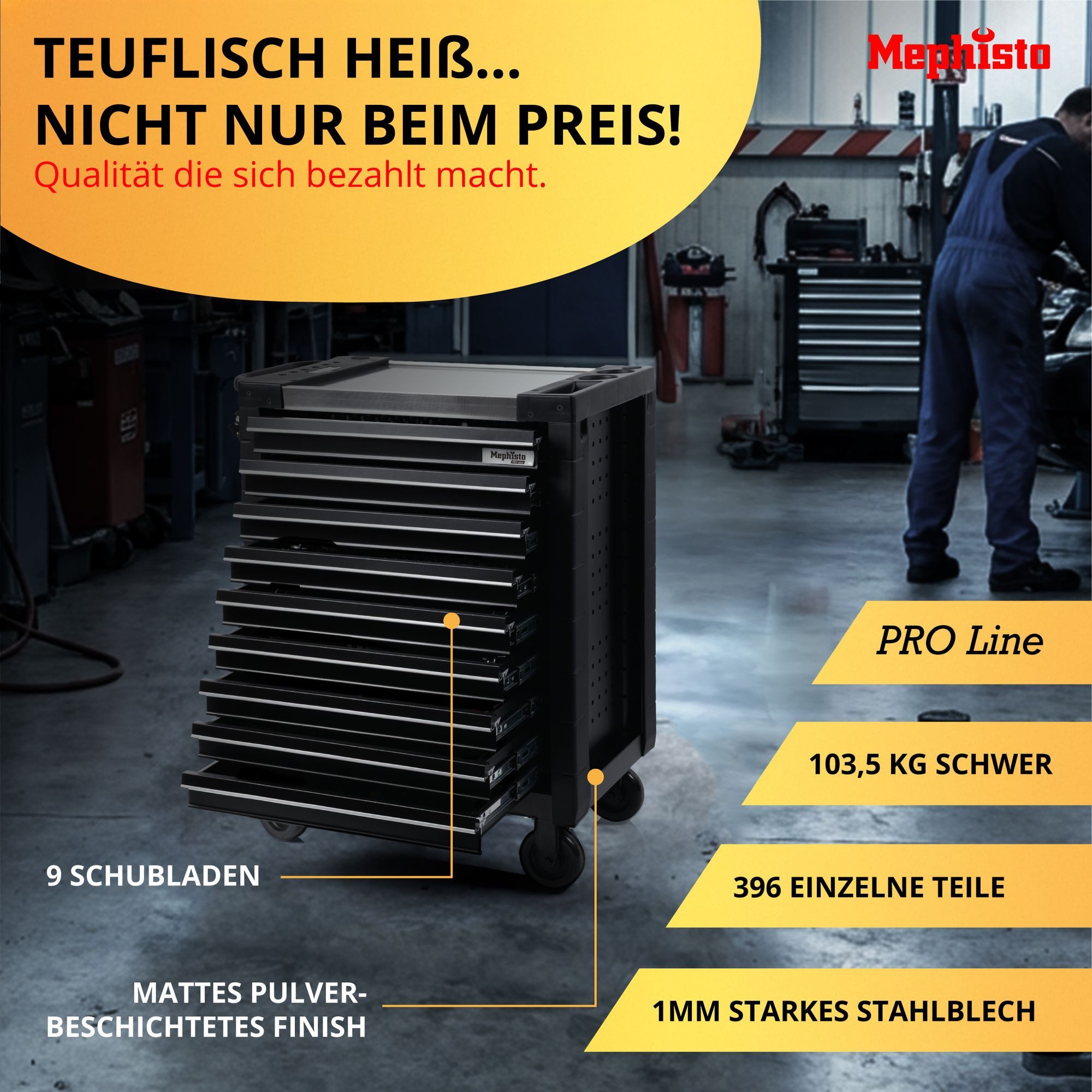Mephisto-Tools Werkzeugwagen, (fertig montiert und bestückt), Werkzeug aus Chrom Vanadium Stahl, seitlich genormte Lochwand