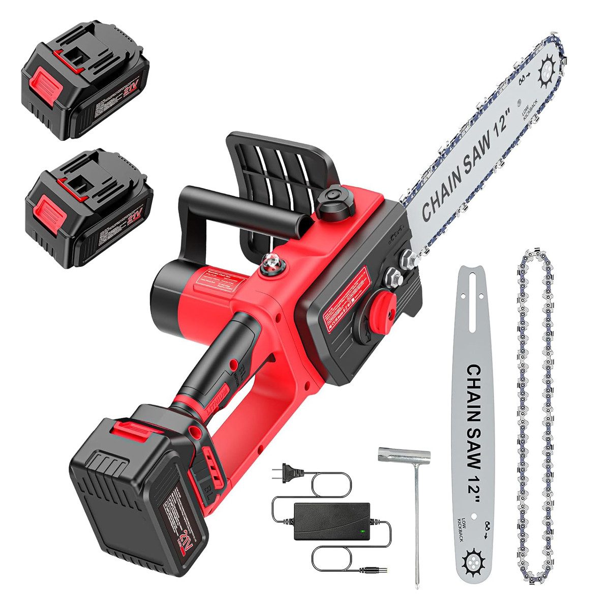 AeroAxis Akku-Kettensäge 12 Zoll 1300W Bürstenlose Elektro-Kettensäge mit 2x3000mAh Akku, 30,5 cm Schwertlänge, Set, Anti-Vibrationssystem, Handschutz, 3000r/min, Handkettensäge für Gartenscheren Holzschneidenz