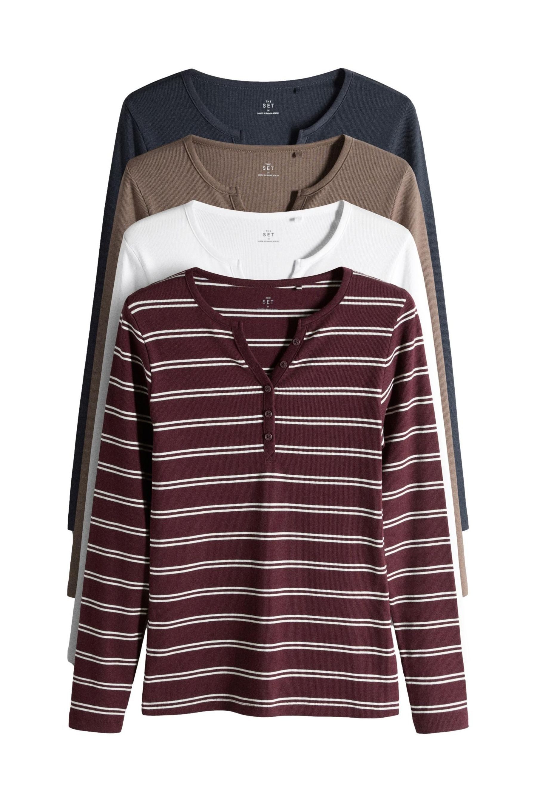 Langarmshirt The Set gerippte Henley-Langarmshirts, 4er-Pack