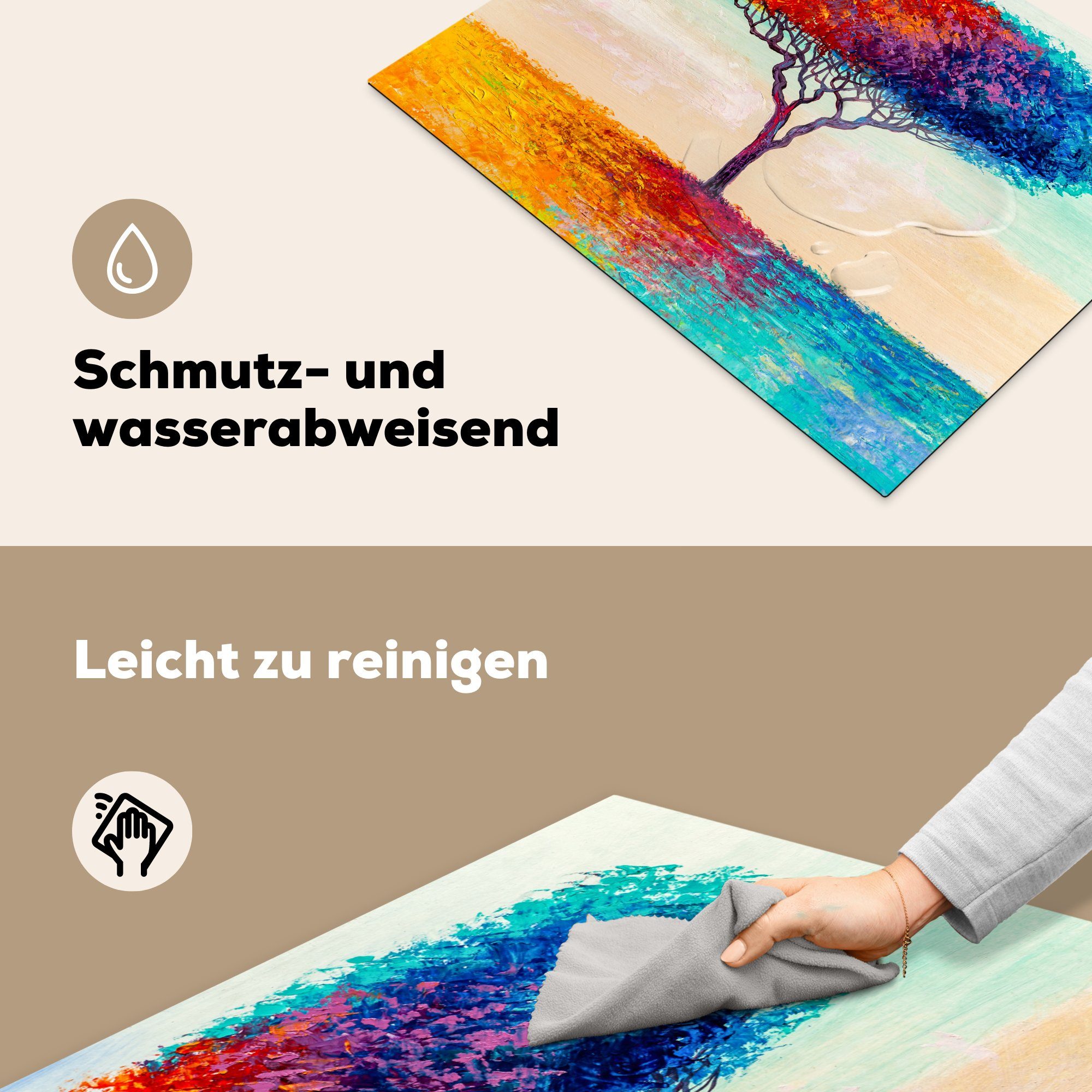 MuchoWow Herdblende-/Abdeckplatte Gemälde - Regenbogen, - Ölfarbe 70x52 nutzbar, tlg), Arbeitsfläche Mobile Vinyl, cm, Ceranfeldabdeckung Baum - (1