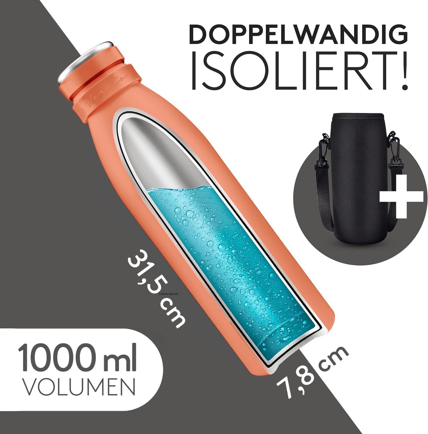 Vezato Isolierflasche Trinkflasche Edelstahl - BPA-freie Thermo Trinkflasche 500-1000ml, mit Tragegurt - auslaufsichere Thermosflasche spülmaschinenfest