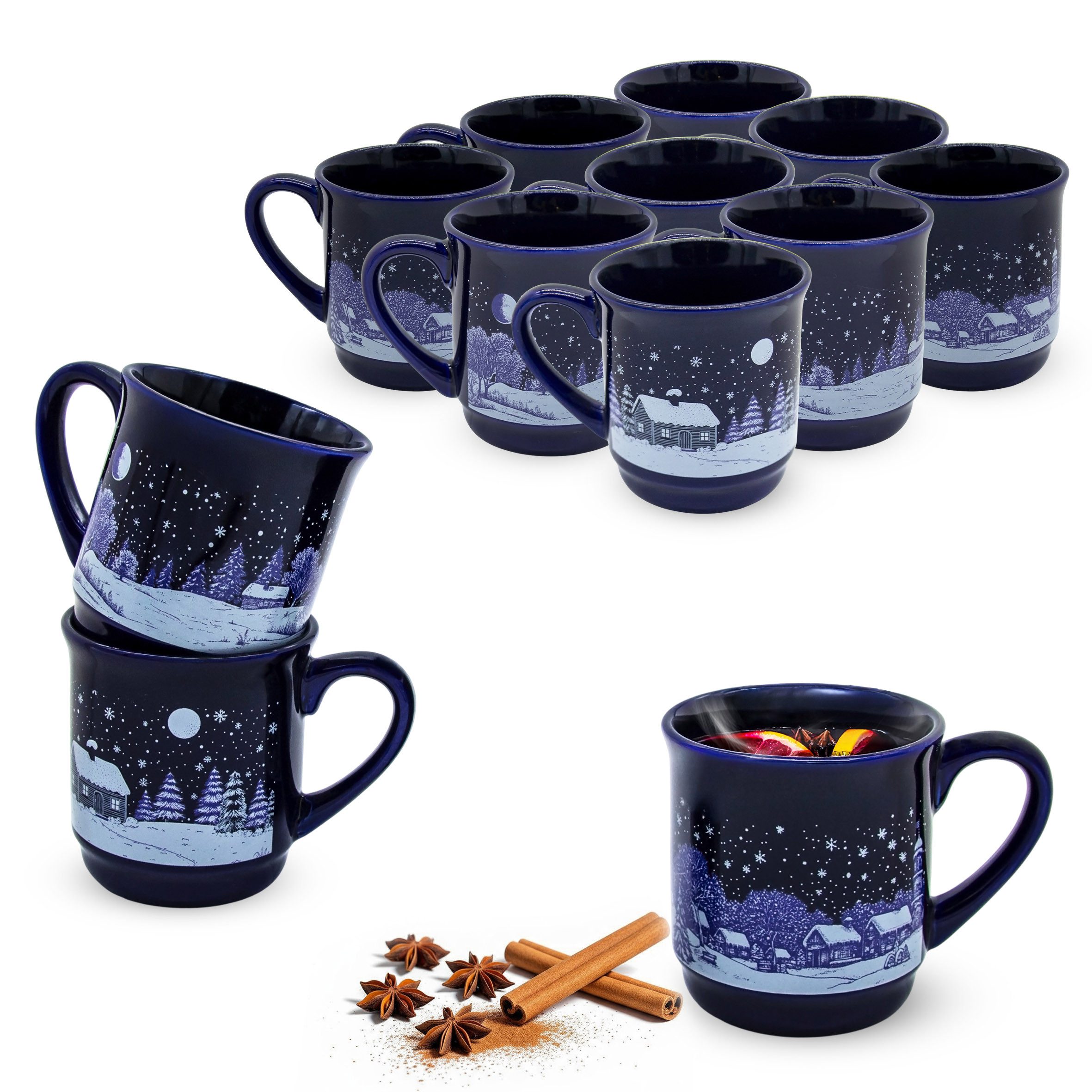 Spetebo Tasse Glühweintassen mit 3 winterlichen Motiven - 12er Set, 1-tlg., Porzellan, 200 ml mit Henkel