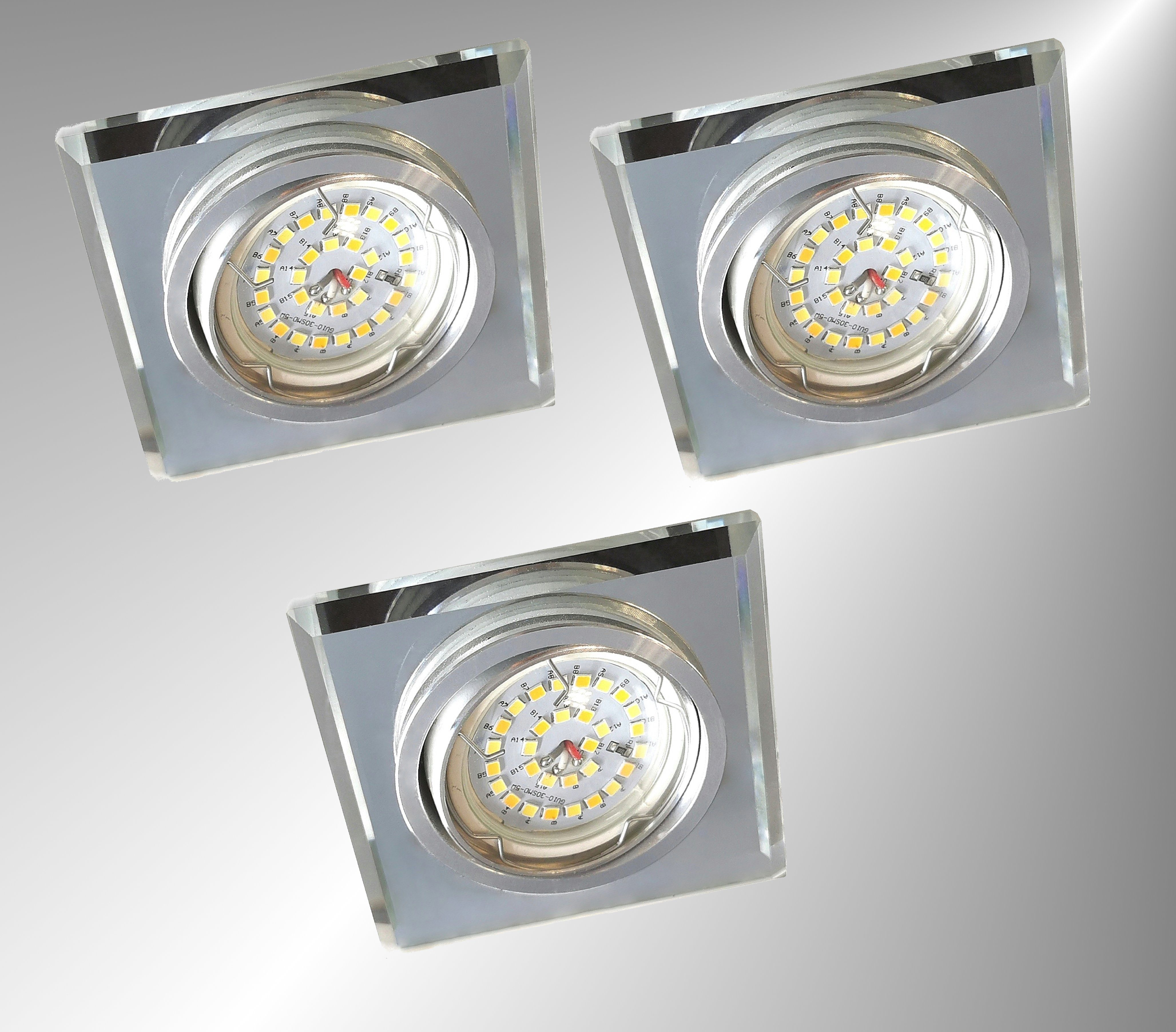 TRANGO LED Einbauleuchte, 3er Set 6729S-03M36K LED Einbaustrahler *CRYSTAL* Deckenstrahler aus Echtglas handgeschliffen inkl. 3x 5 Watt CCT Farbtemperatur Steuerung 2700K-4000K-6500K LED Modul, Einbauspot, Deckenleuchte, Downlight, Deckenlampe