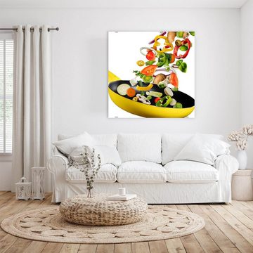 Primedeco Glasbild Wandbild Quadratisch Gemüse aus Pfanne mit Aufhängung, Gemüse