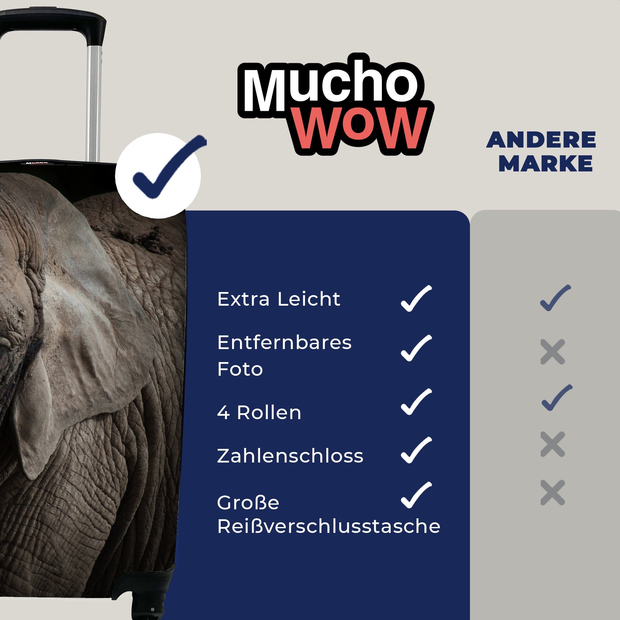 MuchoWow - Handgepäckkoffer Elefant - mit für Porträt Reisetasche Trolley, - Tiere 4 Schwarz, Ferien, rollen, Reisekoffer Rollen, Handgepäck