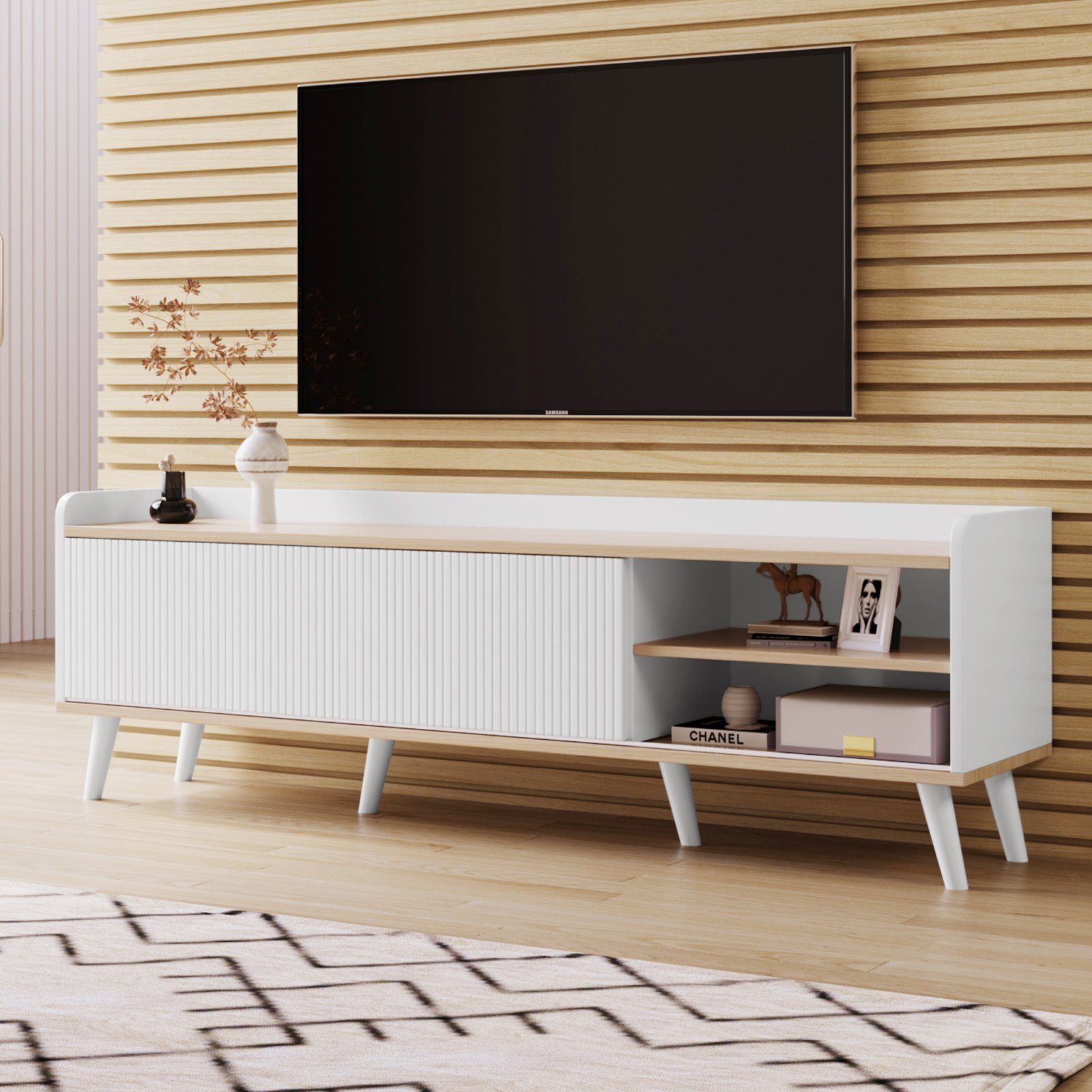 Weiß SEEZSSA Schubladen und 40 160 58 mit TV-Schrank TV x natürliche cm Fernsehtisch und zwei Holzfarben, Schiebetüren Lowboard x