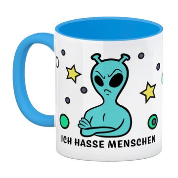 speecheese Tasse Kaffeebecher Hellblau mit lustigem Comic Alien Motiv Ich hasse