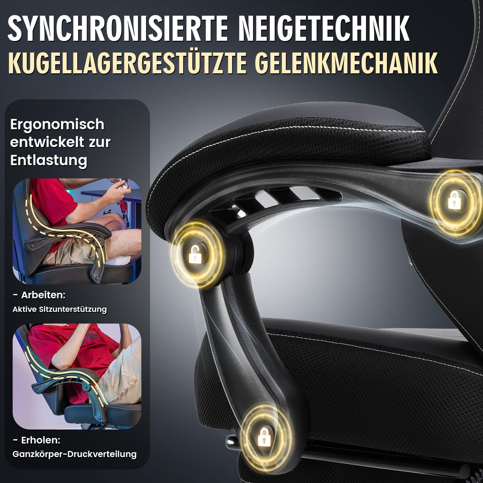 GTPLAYER Gaming-Stuhl ergonomischer Bürostuhl Gamer Sessel 150KG, Mit Fußstütze und Verbindungsrmlehne höhenverstellbar Kopfstütze – Bild 2 von 5