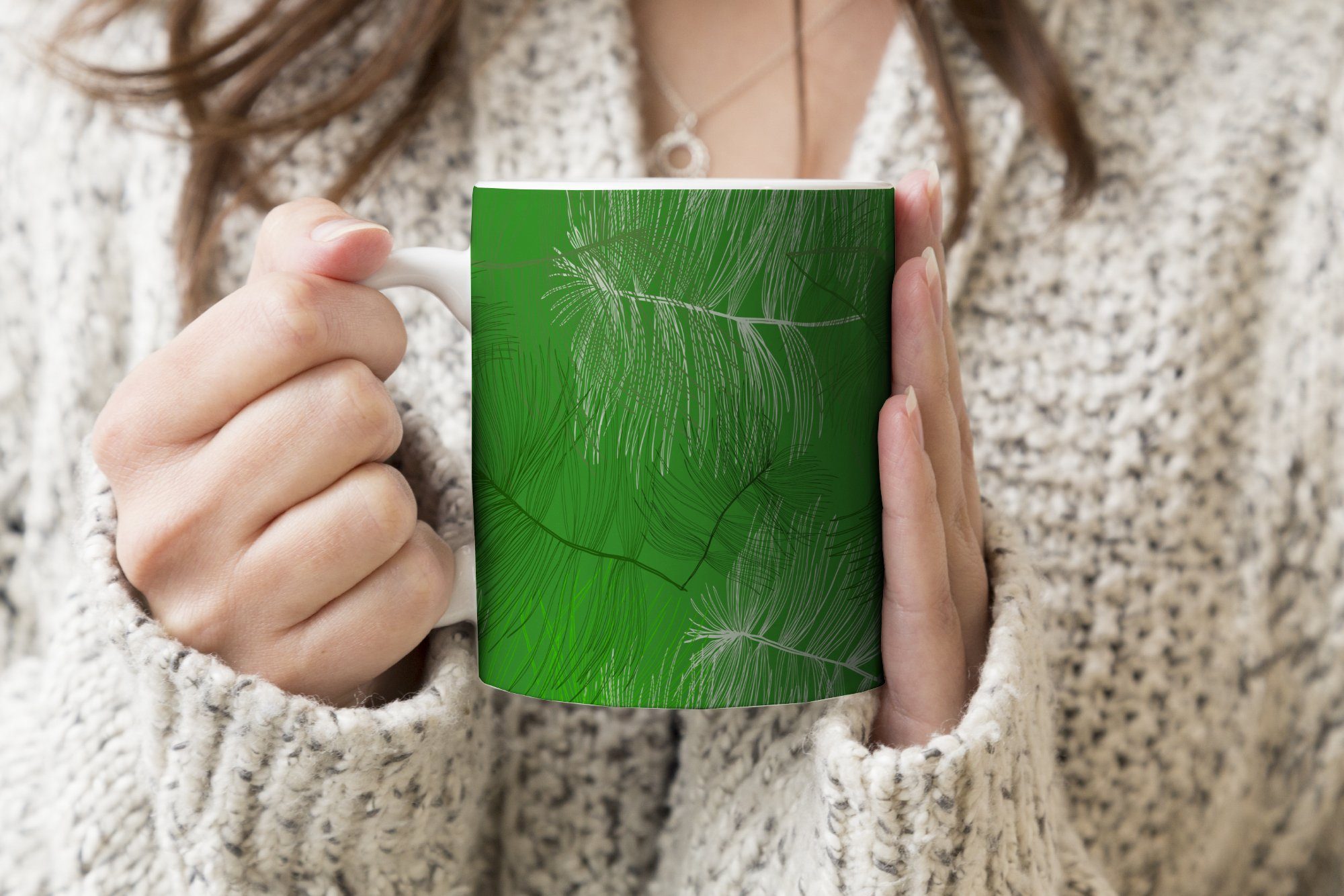 Becher, Keramik, MuchoWow Teetasse, Tasse Teetasse, Geschenk - - Kaffeetassen, Grün, Muster Blätter