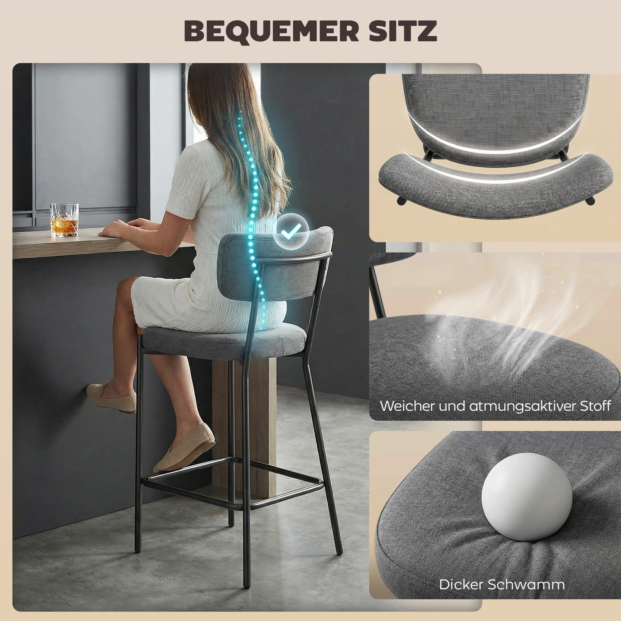 HOMCOM Barhocker Barstühle mit Fußstütze, geschwungener Rückenlehne (Tresenhocker, 2 St., Küchenstuhl), 63 cm Sitzhöhe für Küche, Esszimmer, Grau – Bild 5 von 5