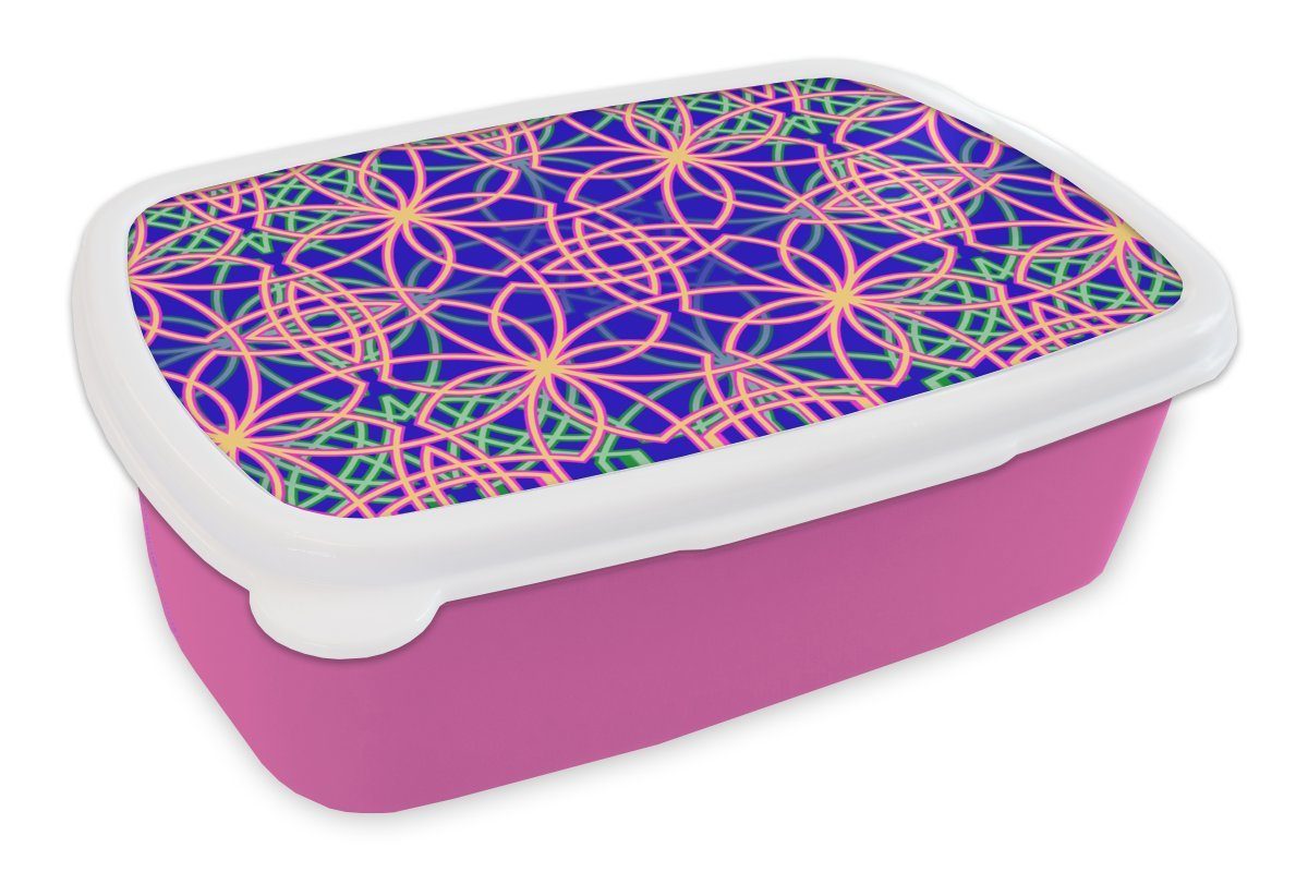 MuchoWow Lunchbox Blumen - Neon - Muster, Kunststoff, (2-tlg), Brotbox für Erwachsene, Brotdose Kinder, Snackbox, Mädchen, Kunststoff rosa