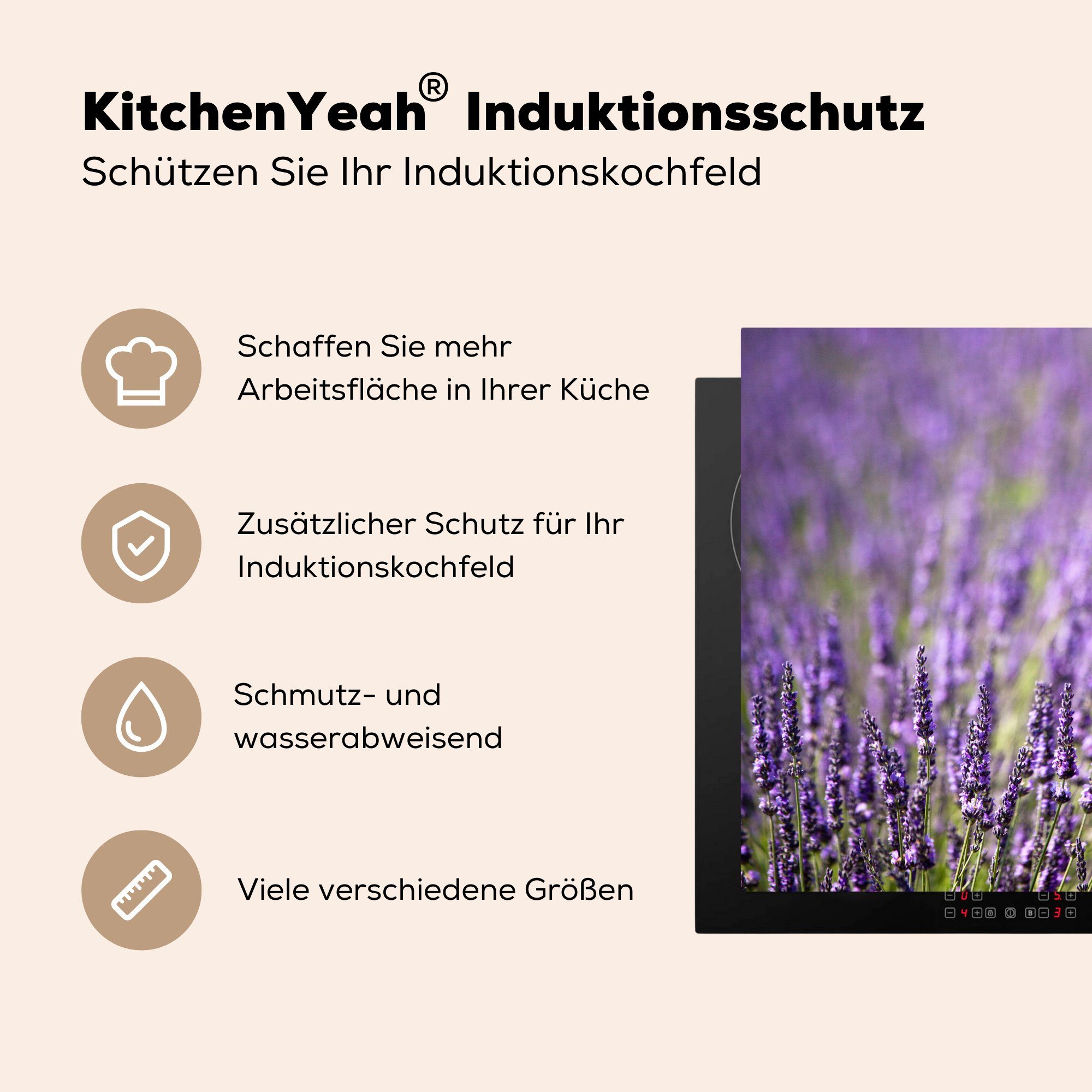 MuchoWow Herdblende-/Abdeckplatte küche für Nahaufnahme 78x78 Lavendelfeldes, Vinyl, Ceranfeldabdeckung, cm, eines Arbeitsplatte tlg), lilafarbenen (1