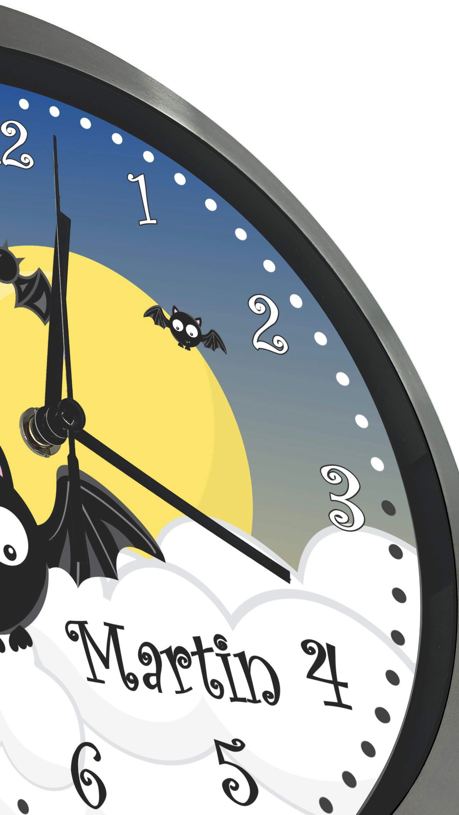 CreaDesign Funkwanduhr Kinderzimmer Wanduhr Fledermaus Kinder personalisiert