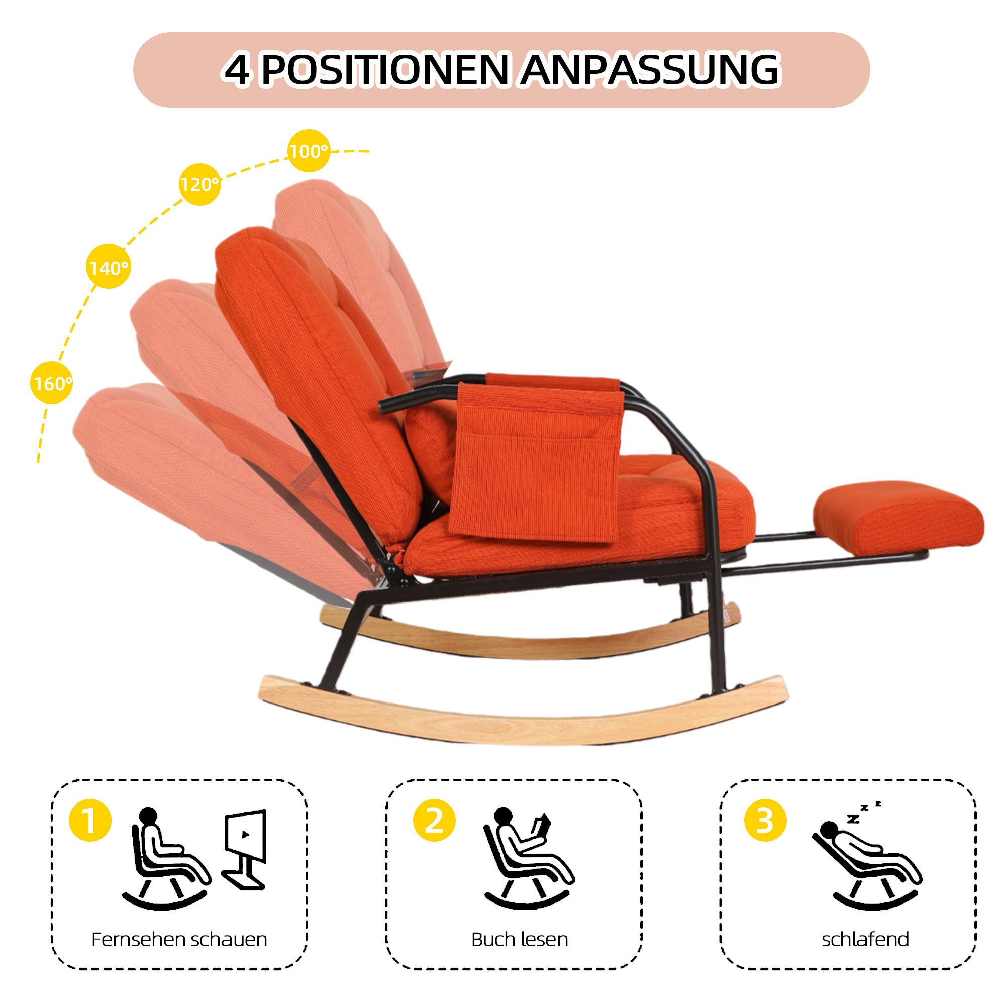 CANMOV Relaxsessel Schaukelstuhl mit ausziehbarer Fußstütze, Ergonomischer Schaukelsitz, mit Kissen und Fußstützung, verstellbare Rückenlehne 100°–160° – Bild 3 von 5