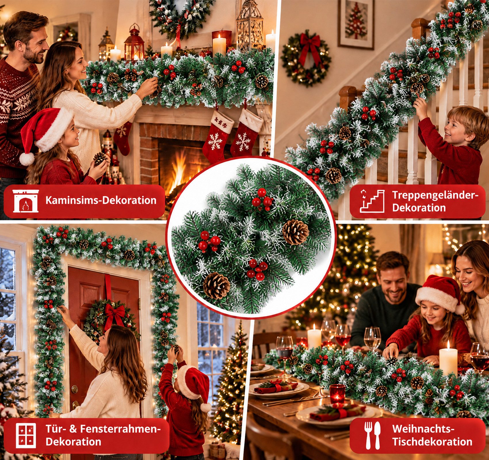 Kunstgirlande Weihnachtsgirlande 2.7M, mit Tannenzapfen und Rote Beere, ElitVita, Tannengirlande für Treppen Kamin Haustür Outdoor Weihnachten Deko – Bild 5 von 5