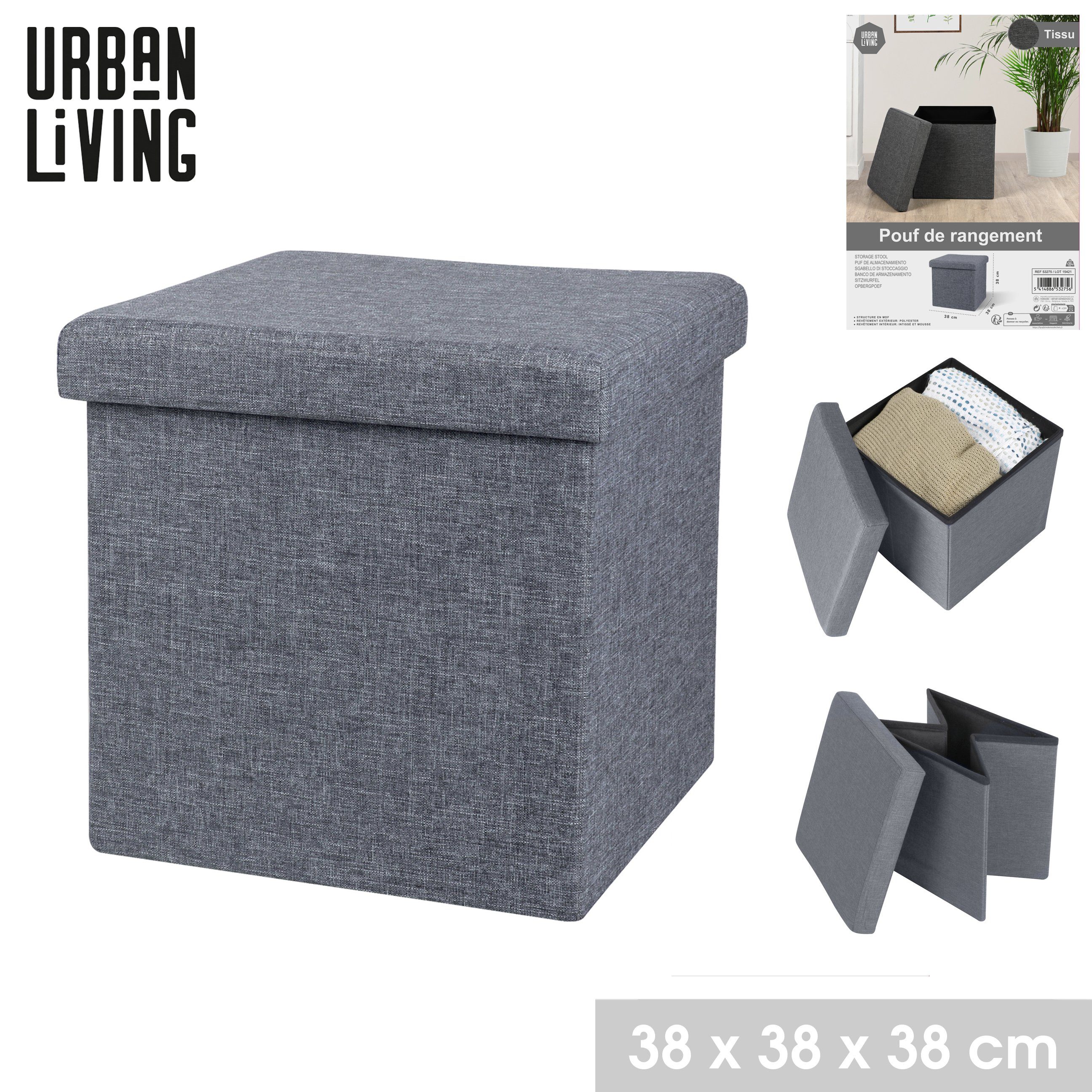 Tissu, Sitzwürfel Living Aufbewahrungsbox hoher mit Stauraumfach Grau Sitzwürfel Sitzhocker Urban Sitzkomfort