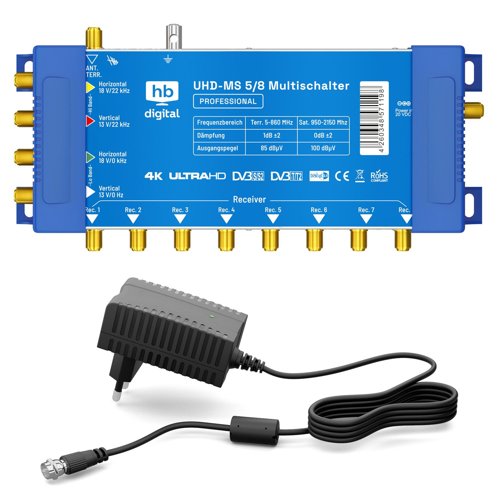 HB-DIGITAL SAT-Multischalter SAT Multischalter UHD-MS 5/8 bis zu 8 Teilnehmer, Der Multischalter SQMS 5/8 arbeitet ausschließlich mit Quattro LNB´s