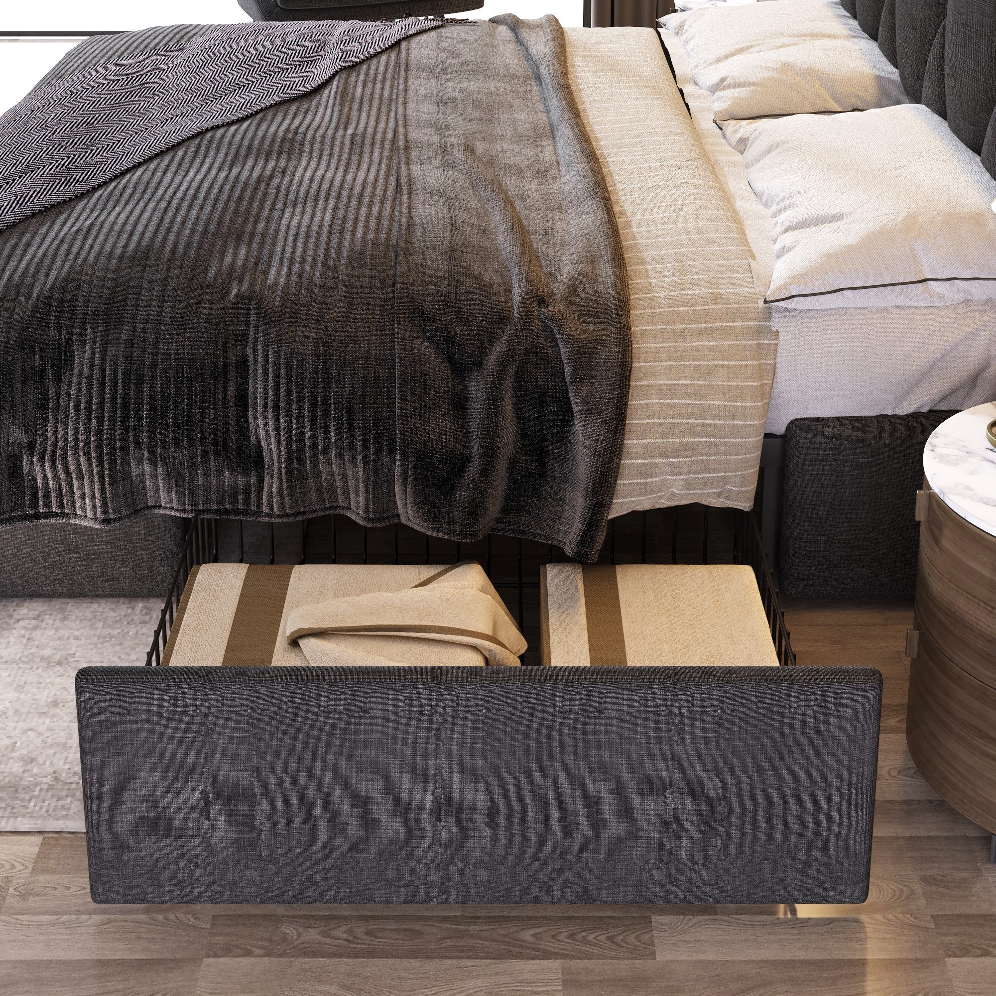 Luckice upholstered bed with USB charging function, headboard and 4 drawers (double bed 140x200cm storage bed frame), wooden slatted base