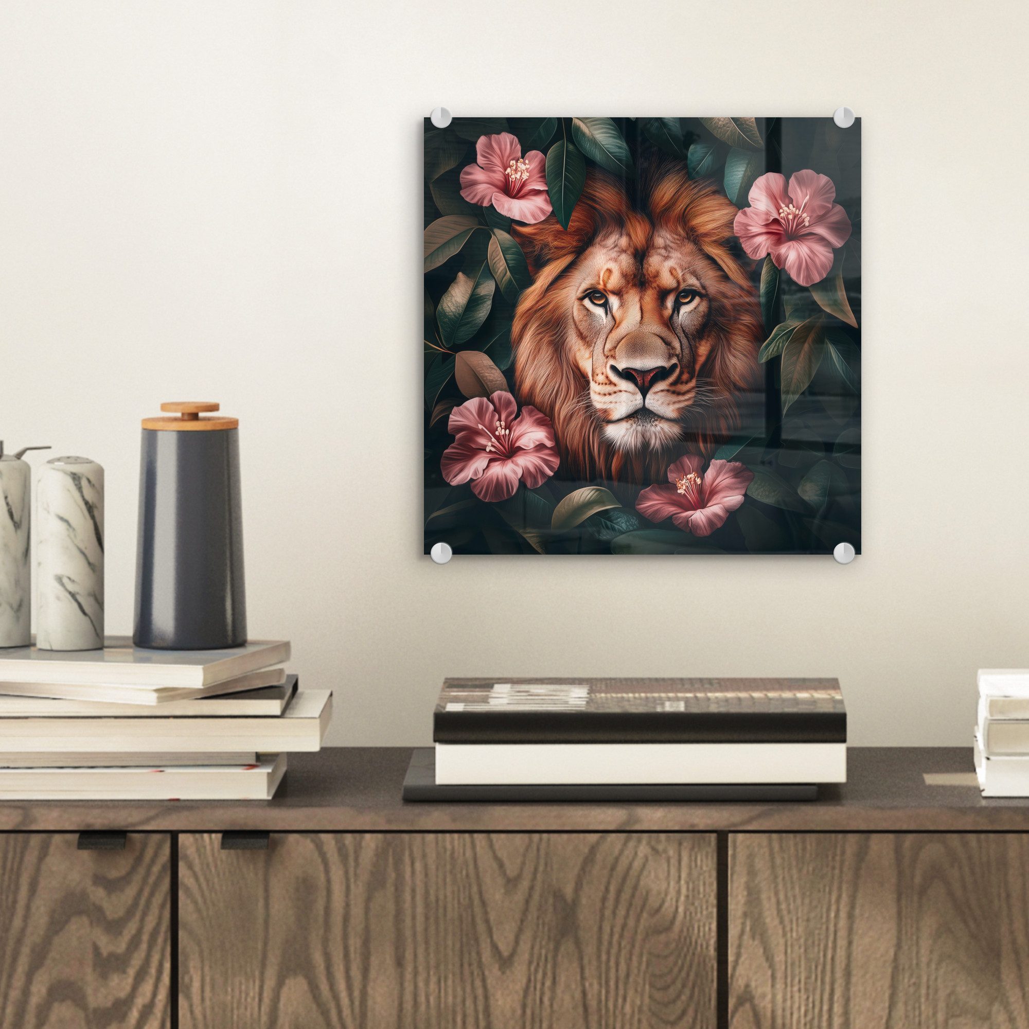 MuchoWow Acrylglasbild Löwe - Rosa Blumen günstig online kaufen
