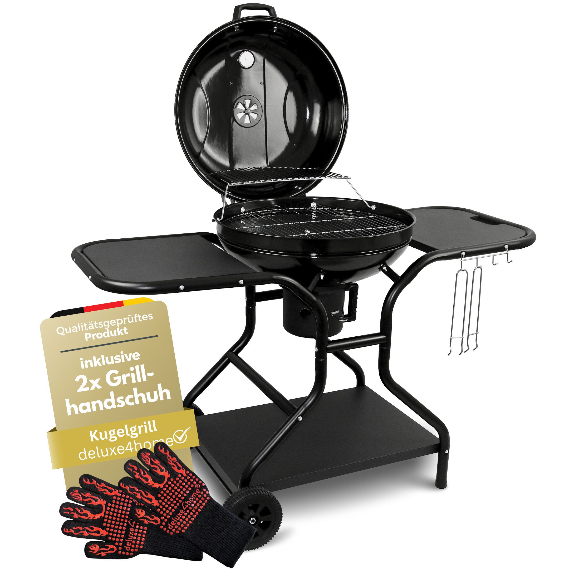 deluxe4home Holzkohlegrill Grillwagen Kugelgrill Ø55 cm I Großer Rollbarer BBQ Grill Kohlegrill, inkl. Ablagen, Grillhandschuh, Aschebehälter, Thermometer