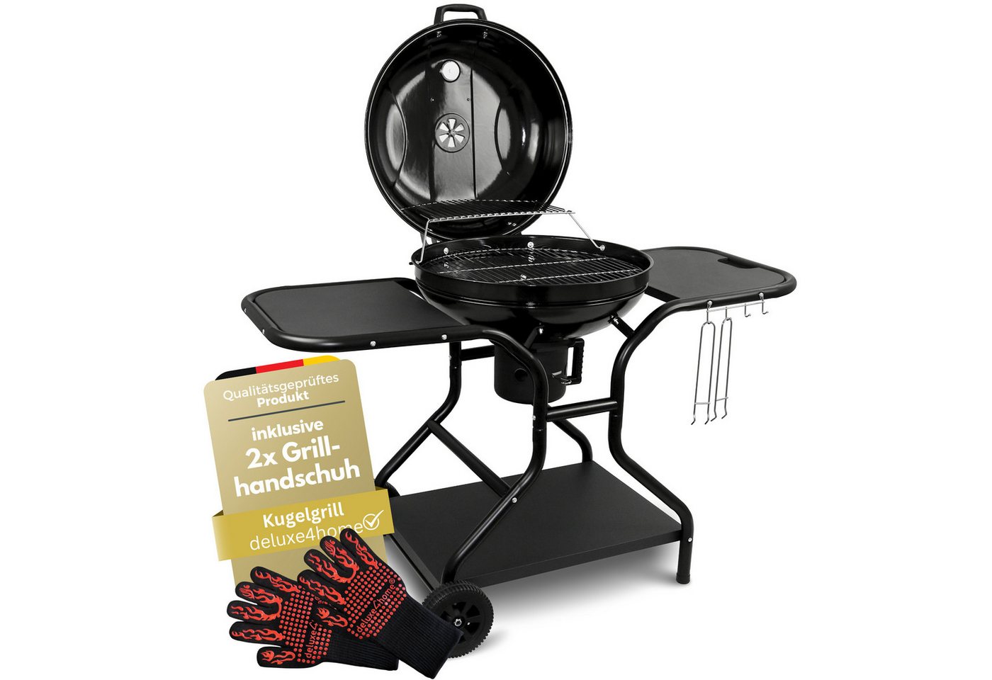 deluxe4home Holzkohlegrill Grillwagen Kugelgrill Ø55 cm I Großer Rollbarer BBQ Grill Kohlegrill, inkl. Ablagen, Grillhandschuh, Aschebehälter, Thermometer