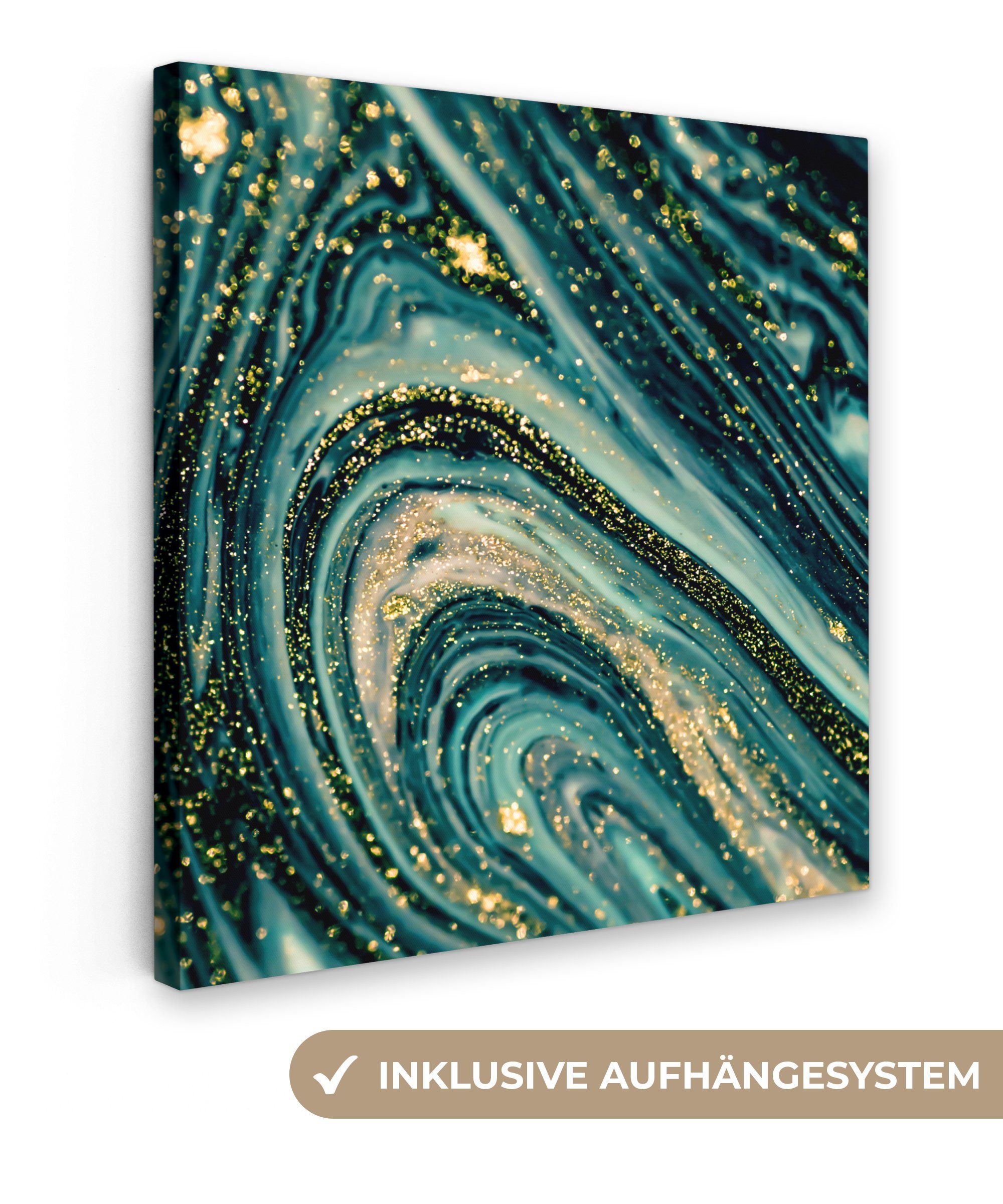 OneMillionCanvasses® Leinwandbild Marmoroptik - Luxus - Gold - Türkis - Glitzer, Fotodruck (1 St), Wandbild, Deko Schlafzimmer Wohnzimmer Flur 20x20 cm