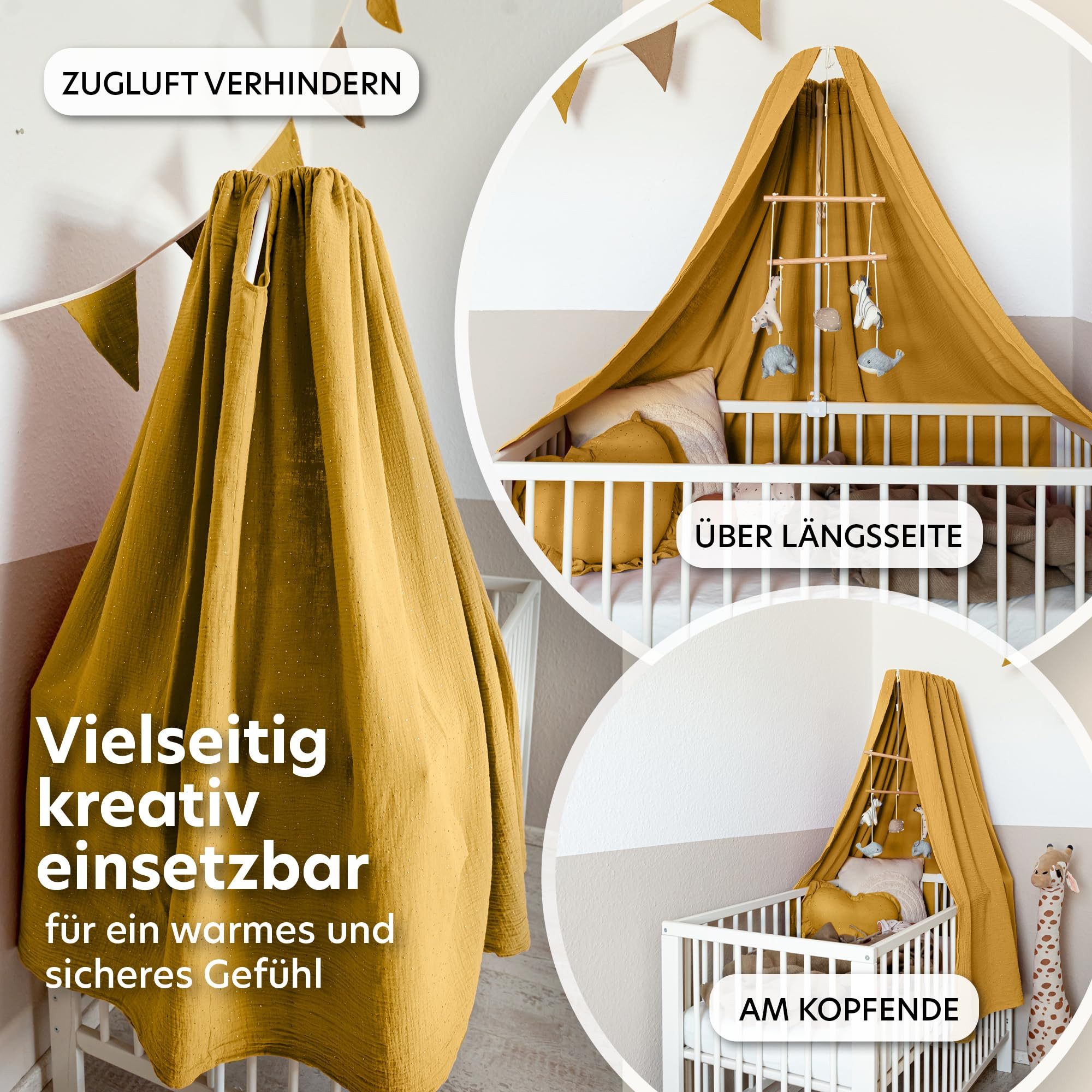 lilimaus Betthimmel Babybett Himmel Gold aus Musselin - handgenähter Baldachin (1-tlg), Betthimmel mit Gold-Details - weich & sanft zu zarter Babyhaut