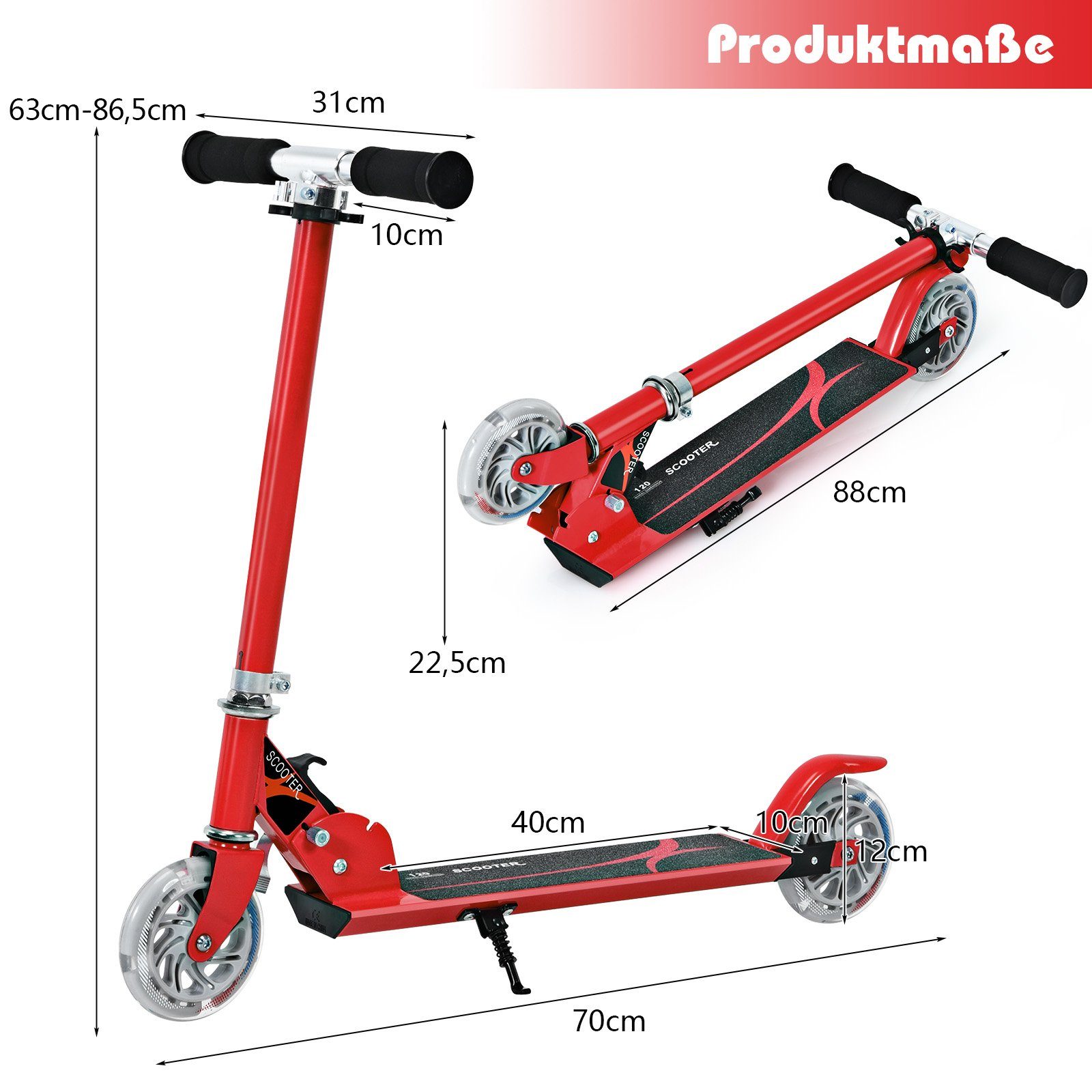 COSTWAY Scooter Cityroller, höhenverstellbar, klappbar, mit rot Räder LED 2