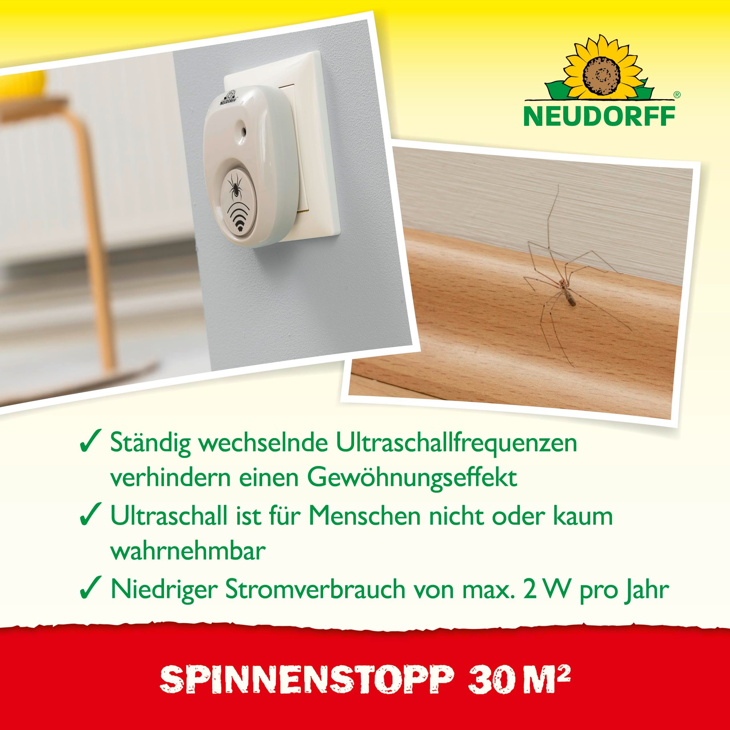 Neudorff Vergrämungsmittel SpinnenStopp deckt 30m² ab, Vertreibt Spinnen sofort und dauerhaft aus Wohnräumen, Dachböden, Kellern und Garagen, Spinnenschrecks mit Anti Gewöhnungseffekt, für Innenräume wie Wohnräumen, Dachböden, Kellern und Garagen