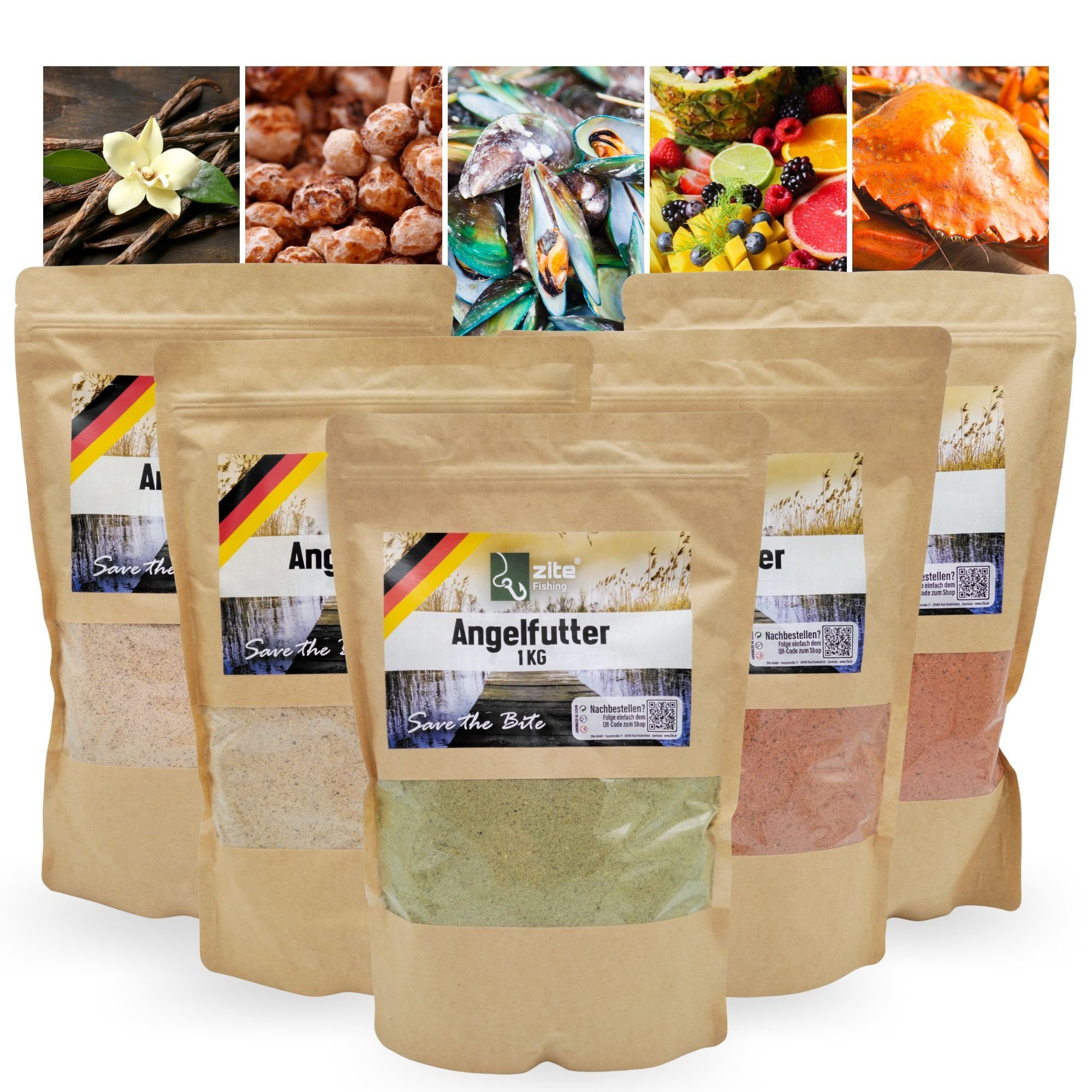 Zite Fischlockstoff Grundfutter Set - 5x 1kg Angelfutter-Mischungen verschiedener Aromen