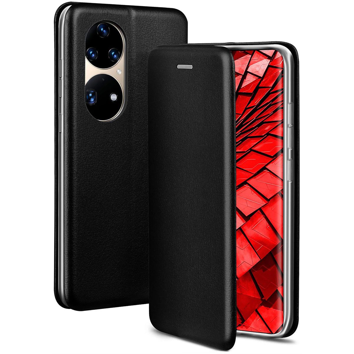 ONEFLOW Handyhülle für Huawei P50 Pro Premium Hülle Business Cover Schwarz 6,6 Zoll, 360 Grad Schutzhülle Flip Case Etui Klapphülle Dünn Leder Handy Tasche