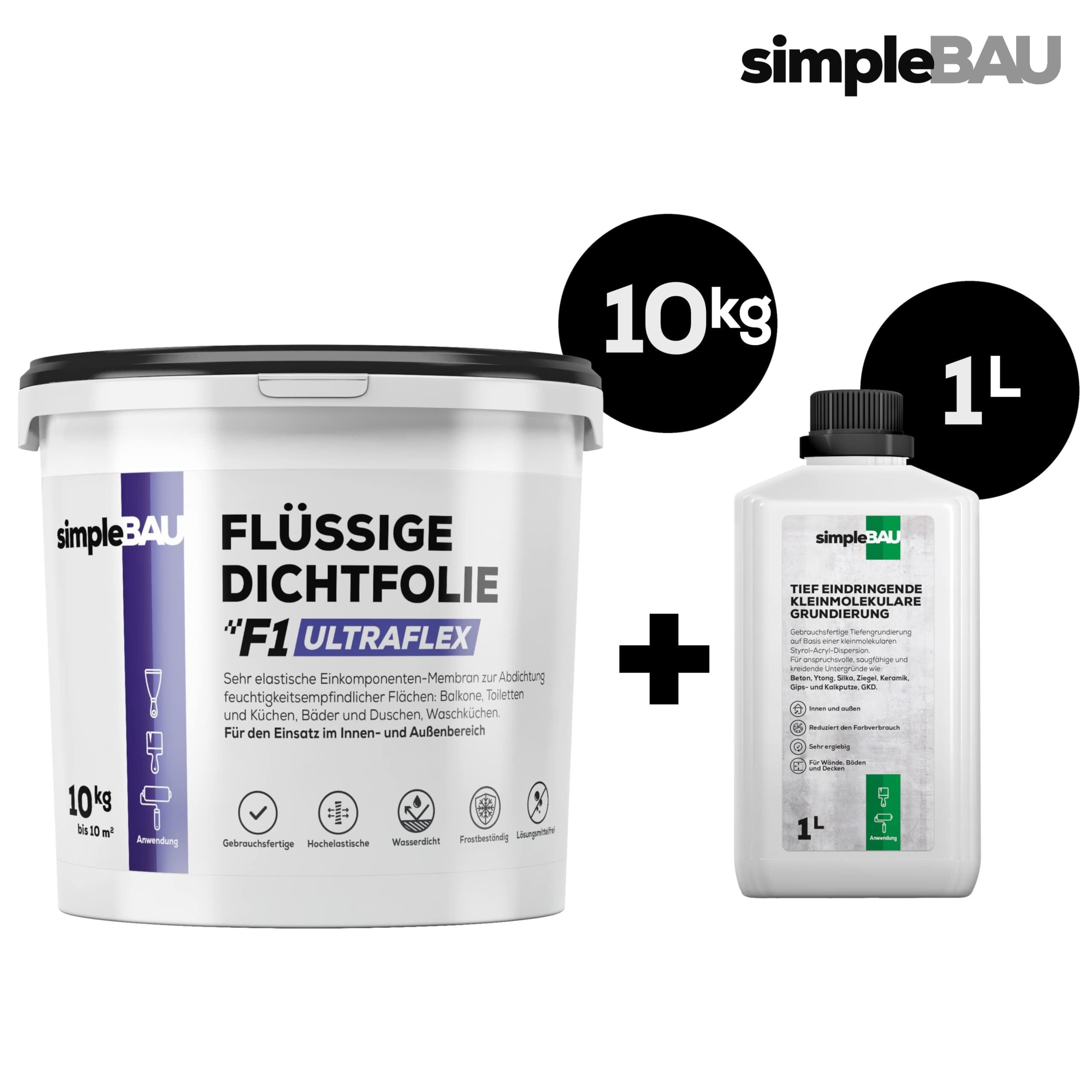simpleBAU Dichtstoff Flüssigfolie Dichtfolie F1 Ultraflex 10 KG + 1L Tiefengrund