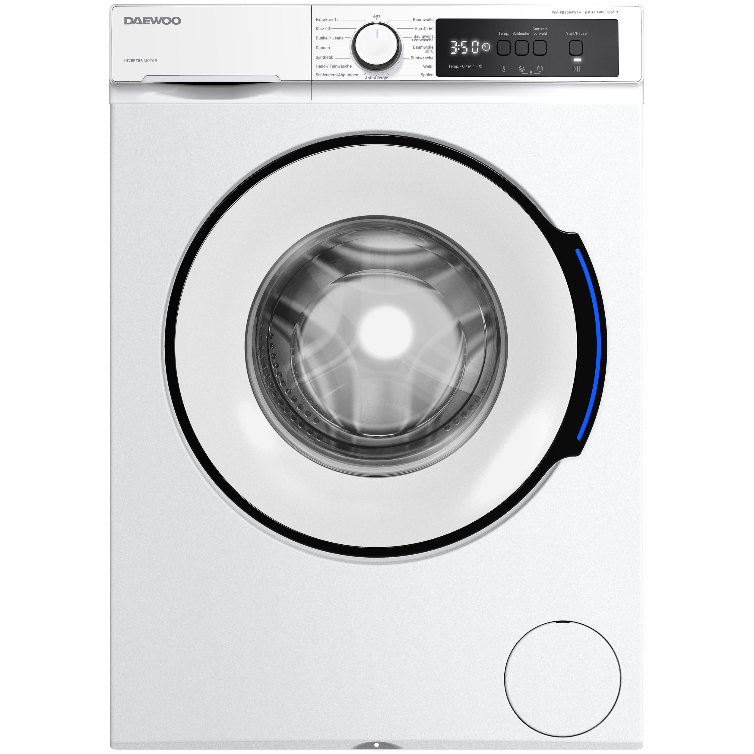 Daewoo Waschmaschine WM-FB9594W1A-DE, 9 kg, 1400 U/min, Frontlader, Inverter Motor, 9kg, Allergy-Safe Programm, weiß