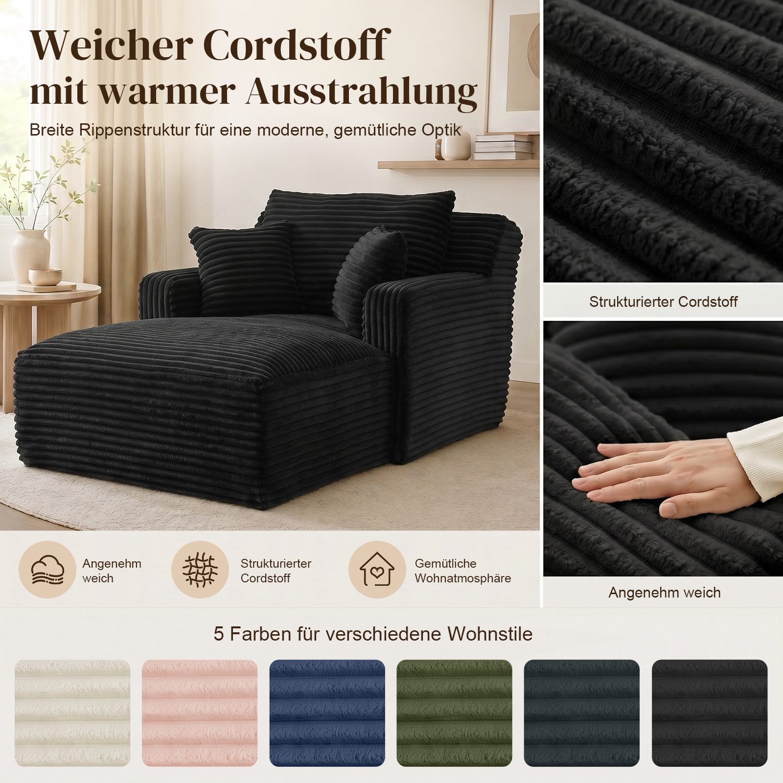 ANYSUN Loungesofa Modernes Chaiselongue-Sofa,Cord-Schlafsofa, 2 Kissen,Relaxsessel Cord, ohne Montage mit Taschenfederkern & Schaumstoffpolsterung,Loungesofa, L – Bild 4 von 5