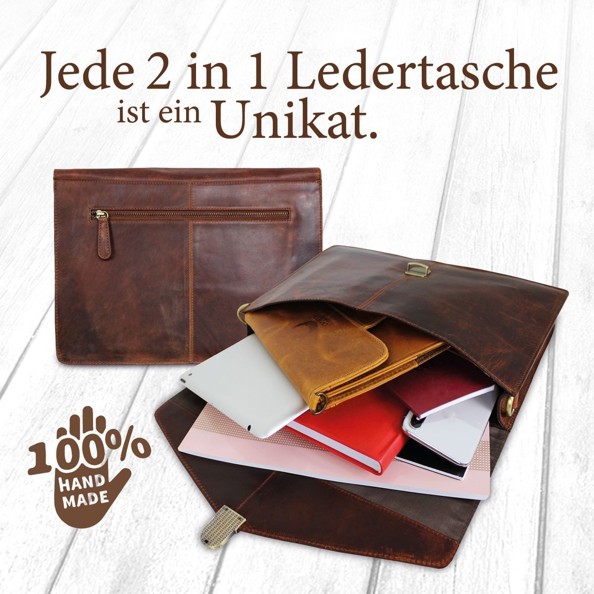 Corno d´Oro Umhängetasche Handmade Schultertasche für Damen Herren Leder Laptoptasche 13-14 Zoll, Handgefertigte MacBook Tasche Echt Leder Klein Braun für DIN A – Bild 5 von 5