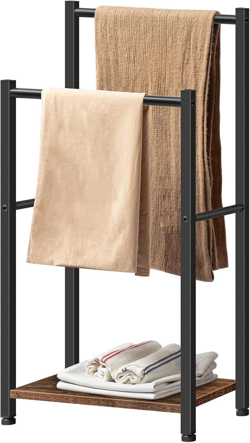 Hoobro Handtuchständer mit 2 Stangen, Handtuchhalter stehend, aus Metall und Holz, 42x24x80 cm, platzsparend, stabil