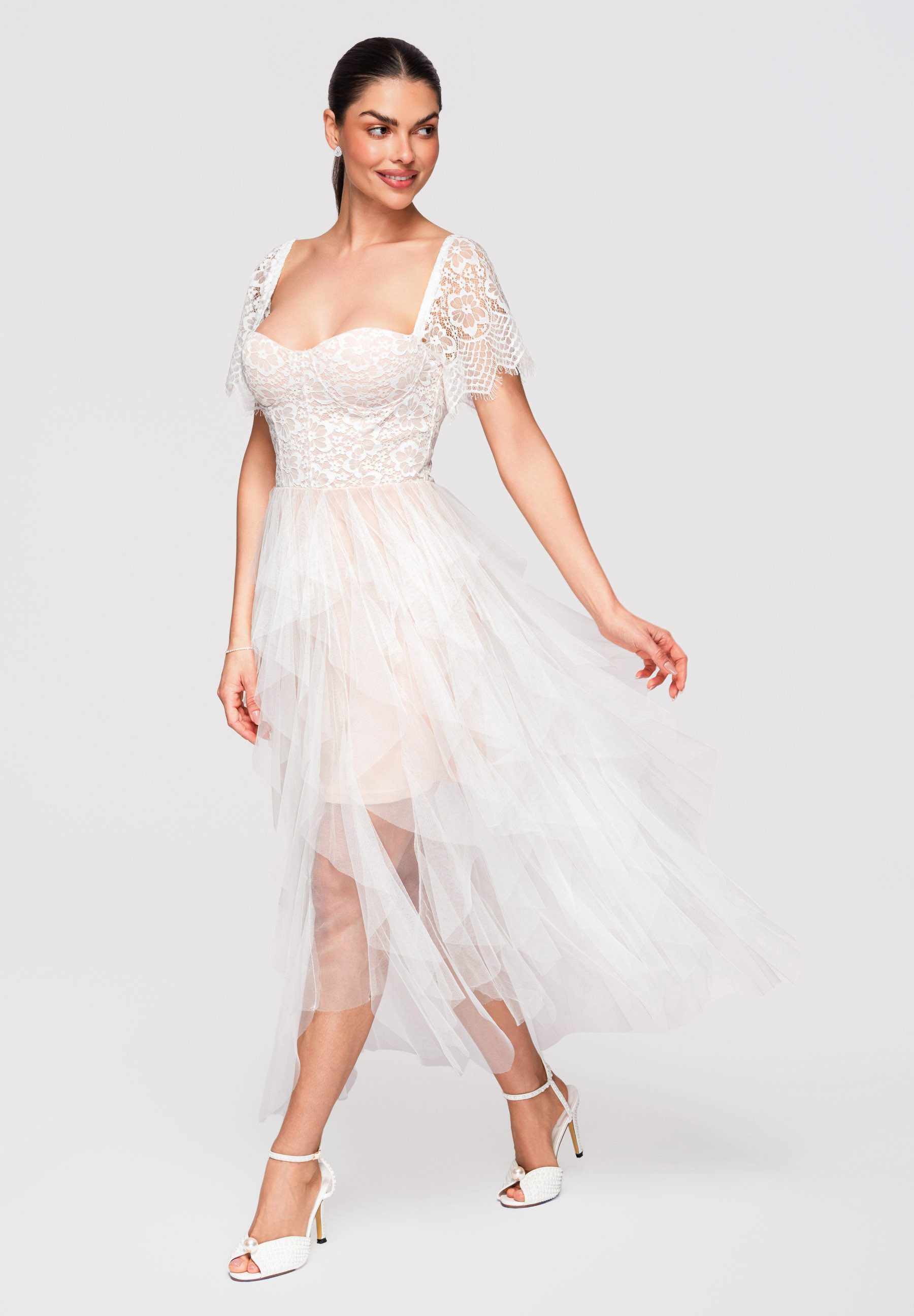 OMBRE Abendkleid Cocktailkleid Spitze Tüll Midi Weiß S (kein Set, 1-tlg) Mehrlagiger Tüllrock, florale Spitze