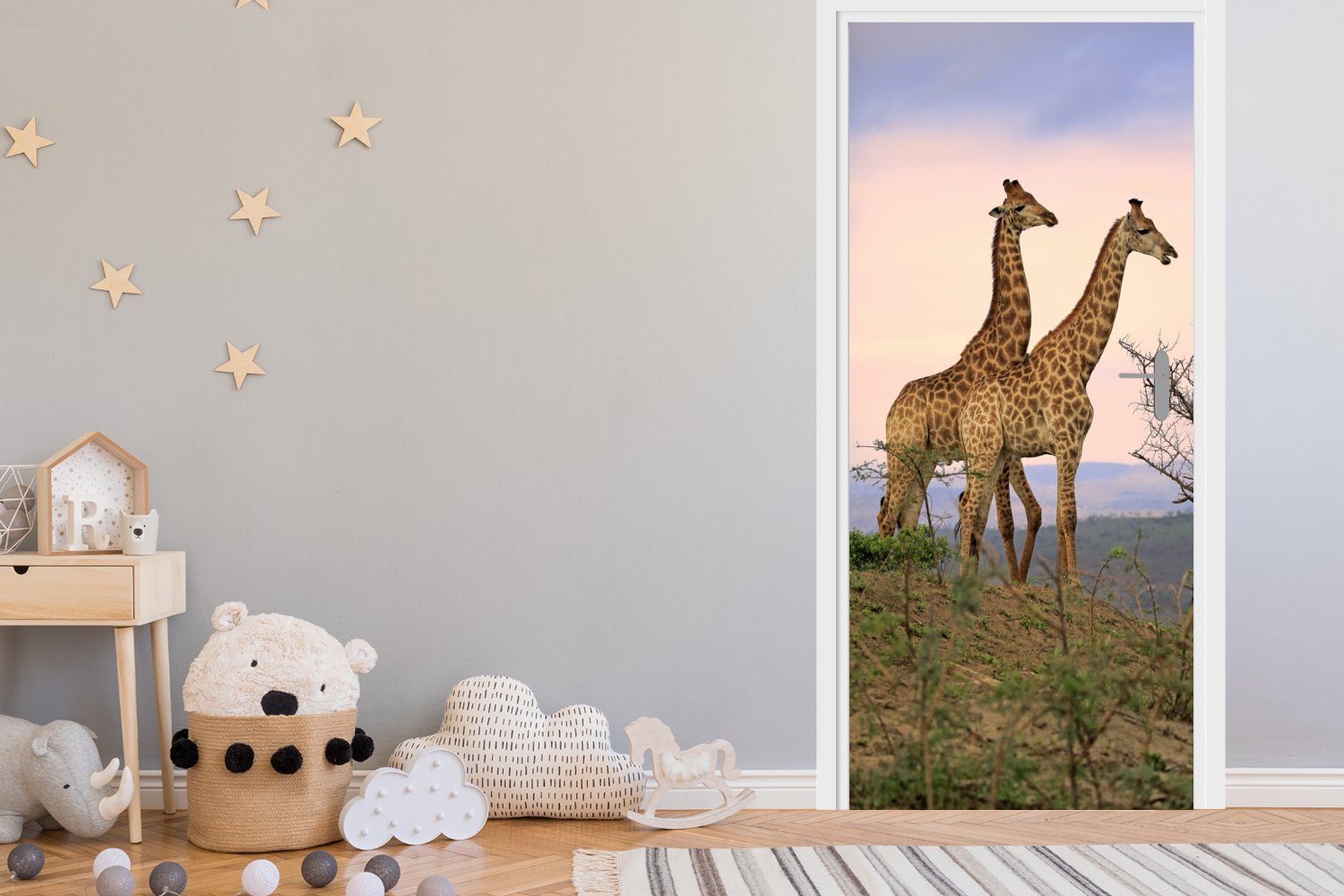 Giraffen 75x205 Tür, - bedruckt, cm Fototapete St), Türtapete (1 Himmel Landschaft, - MuchoWow Matt, für Türaufkleber,