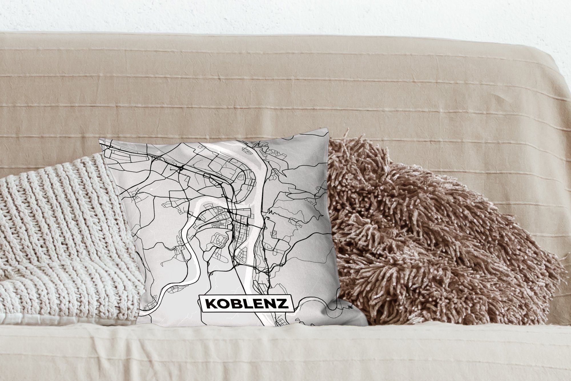 Stadtplan Wohzimmer, Schlafzimmer, - - Koblenz MuchoWow Deutschland Füllung Karte Sofakissen mit - für Zierkissen Dekokissen Karte, Deko, -