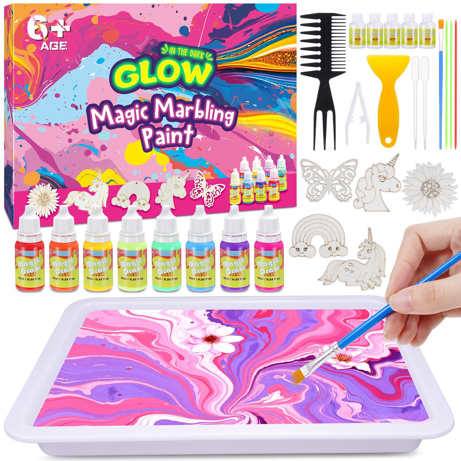 Wootoy Kreativset Wasser-Marmorierfarben Set DIY Mal- und Kunstset Kreativ-Bastelset, (mit 8 Farben 20 Blättern 9 Werkzeugen und A5-Tablett, 1-tlg., Fördert Kreativität Konzentration Feinmotorik durch Experimentieren), Geschenkset für Kinder die Kunst Farben und DIY-Projekte lieben