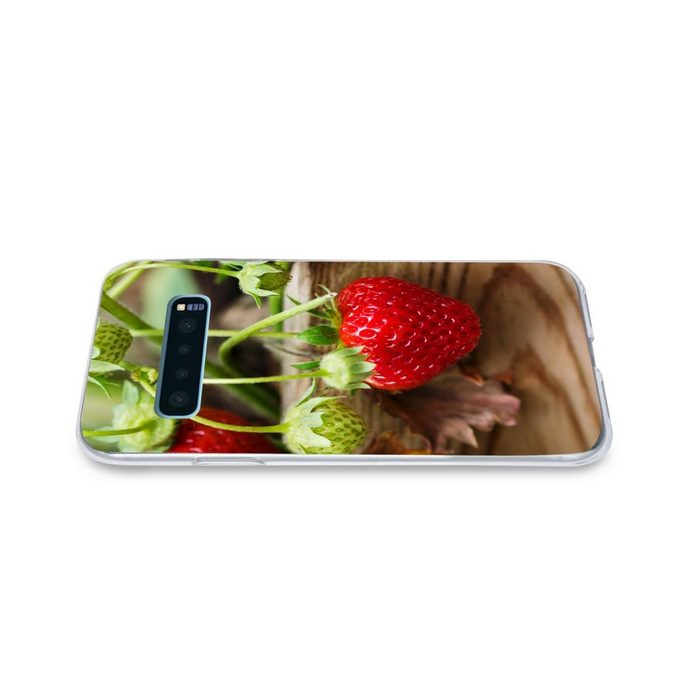 MuchoWow Handyhülle Erdbeere - Pflanze - Holz Phone Case Handyhülle Samsung Galaxy S10+ Silikon Schutzhülle FN11359